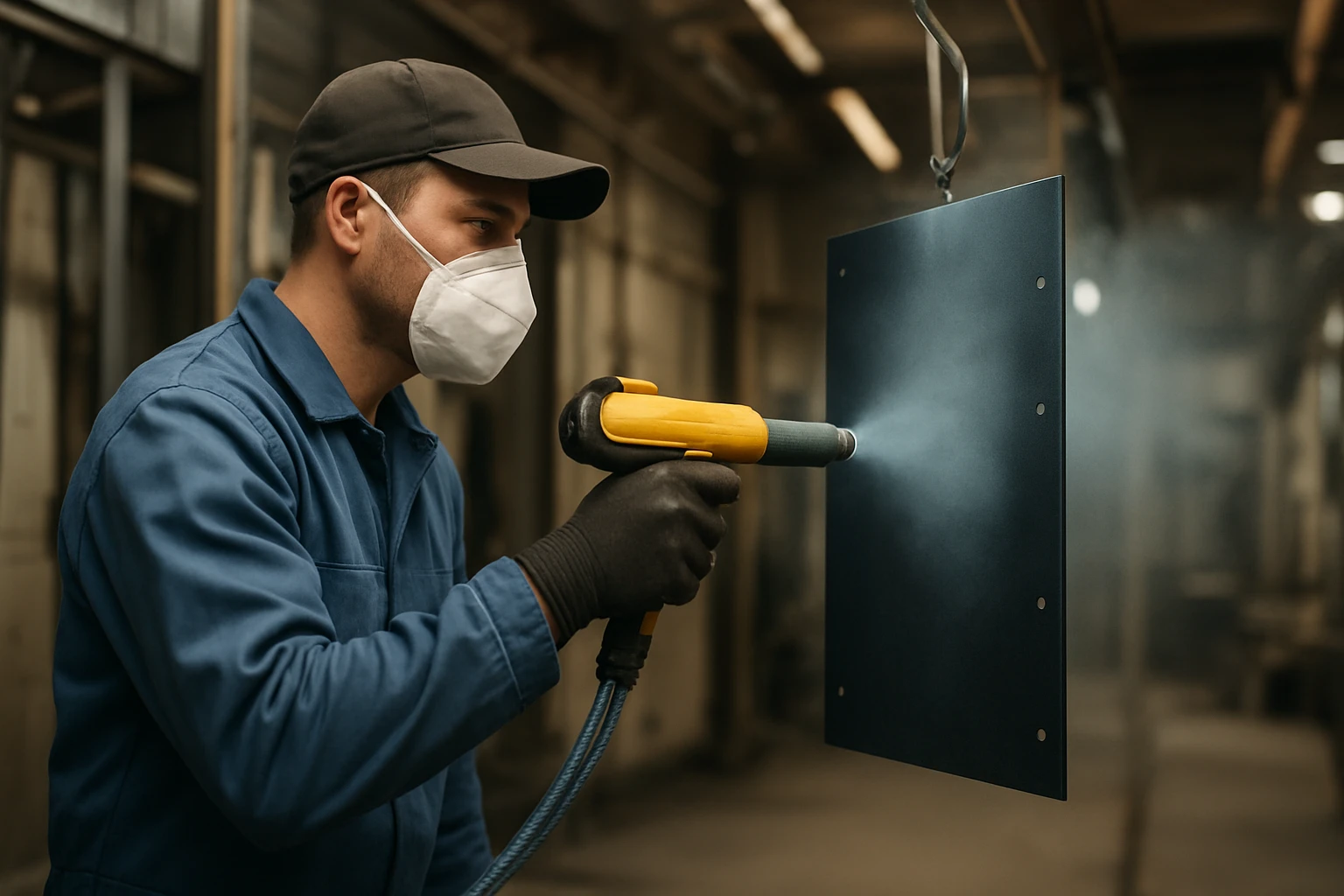 Pracovník v ochranném oblečení stříká barvu na kovový plech.