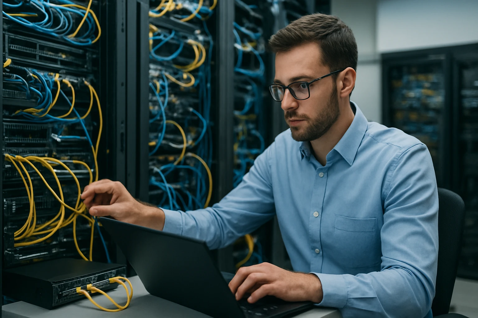 Muž pracuje na počítači v serverovni, okolo sú káble a servery.