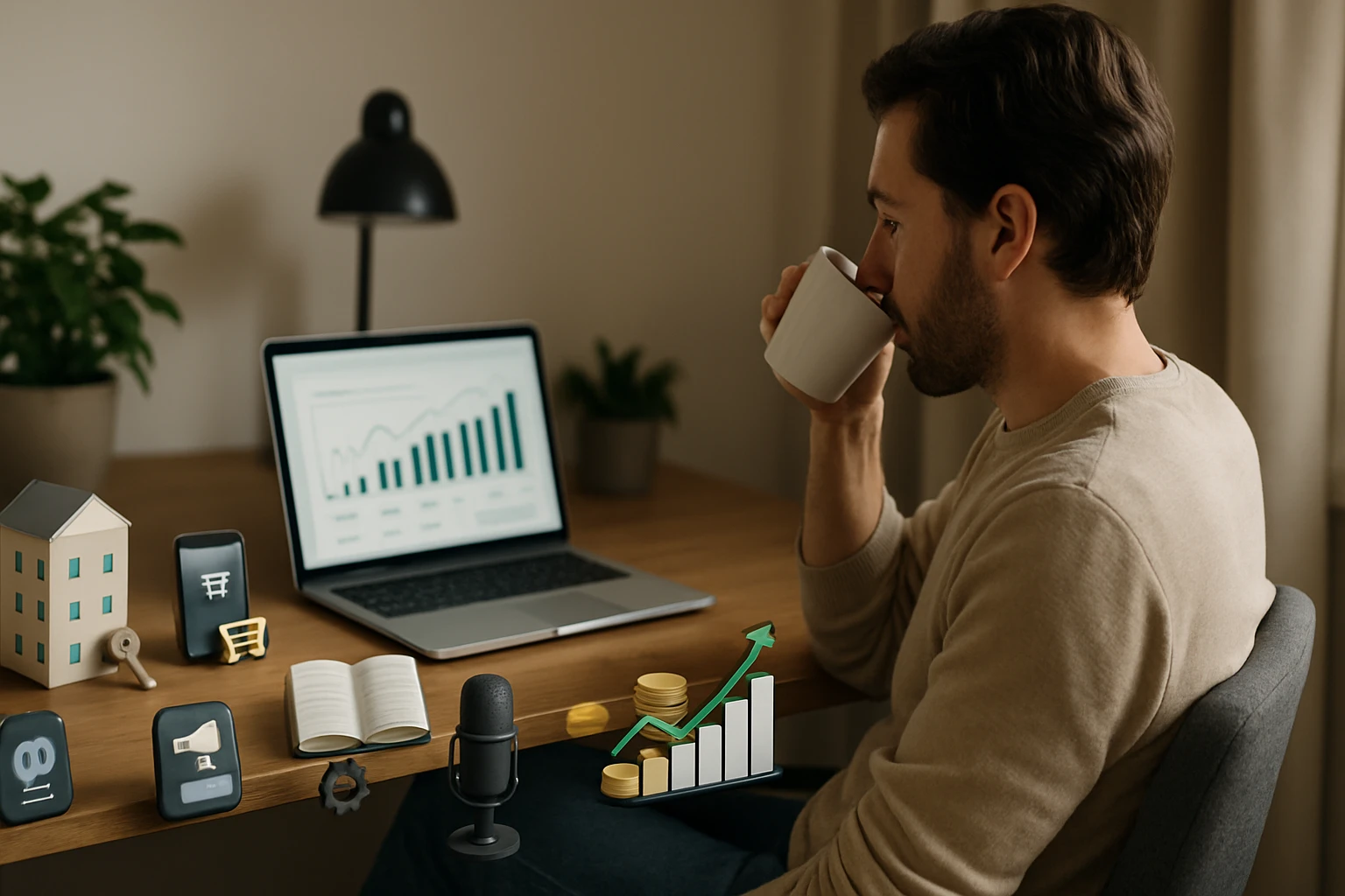 Muž sedí pri stole, pije kávu a sleduje grafy na laptopu.