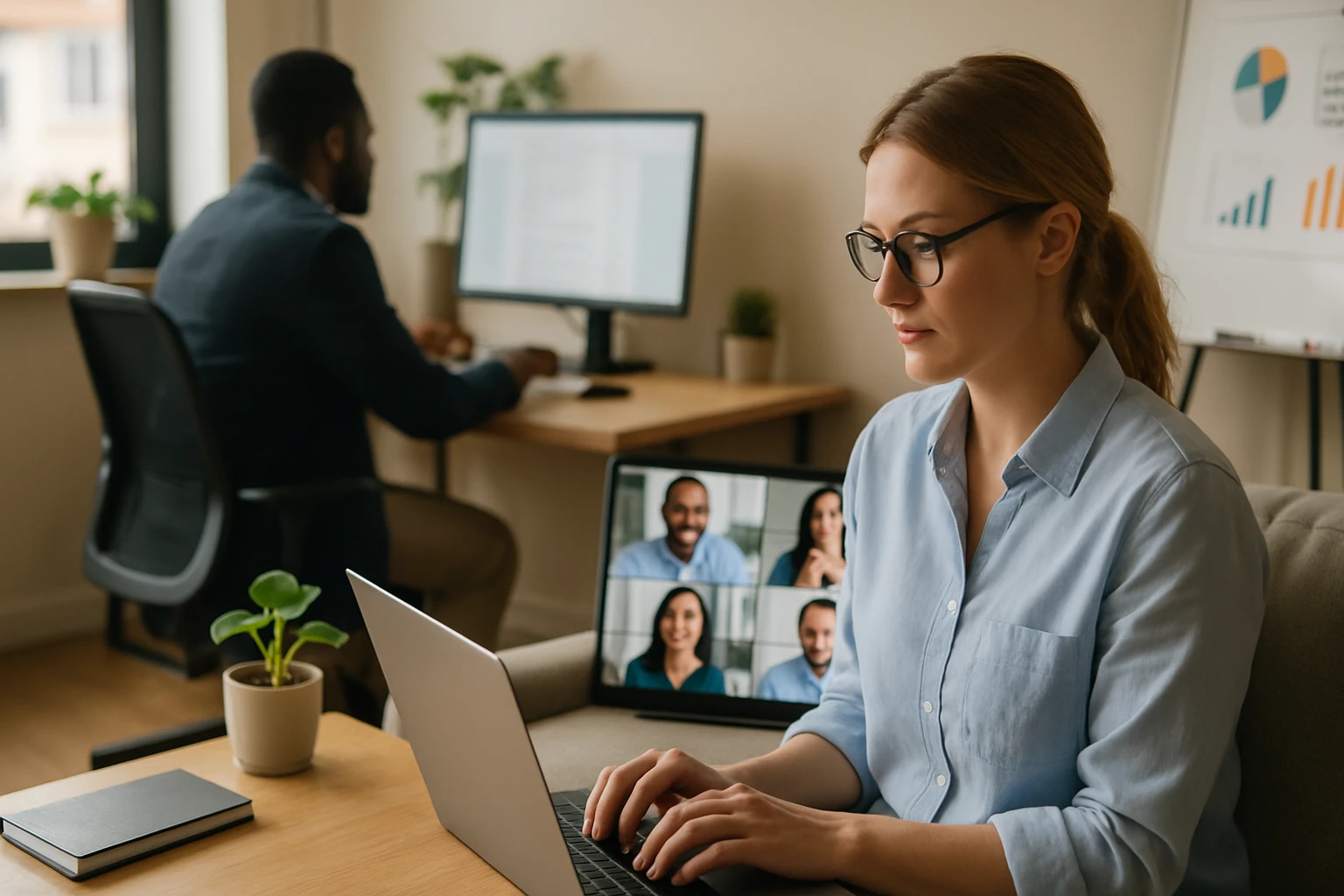 Žena s okuliarmi pracuje na laptopu, zatiaľ čo muž sedí za počítačom.