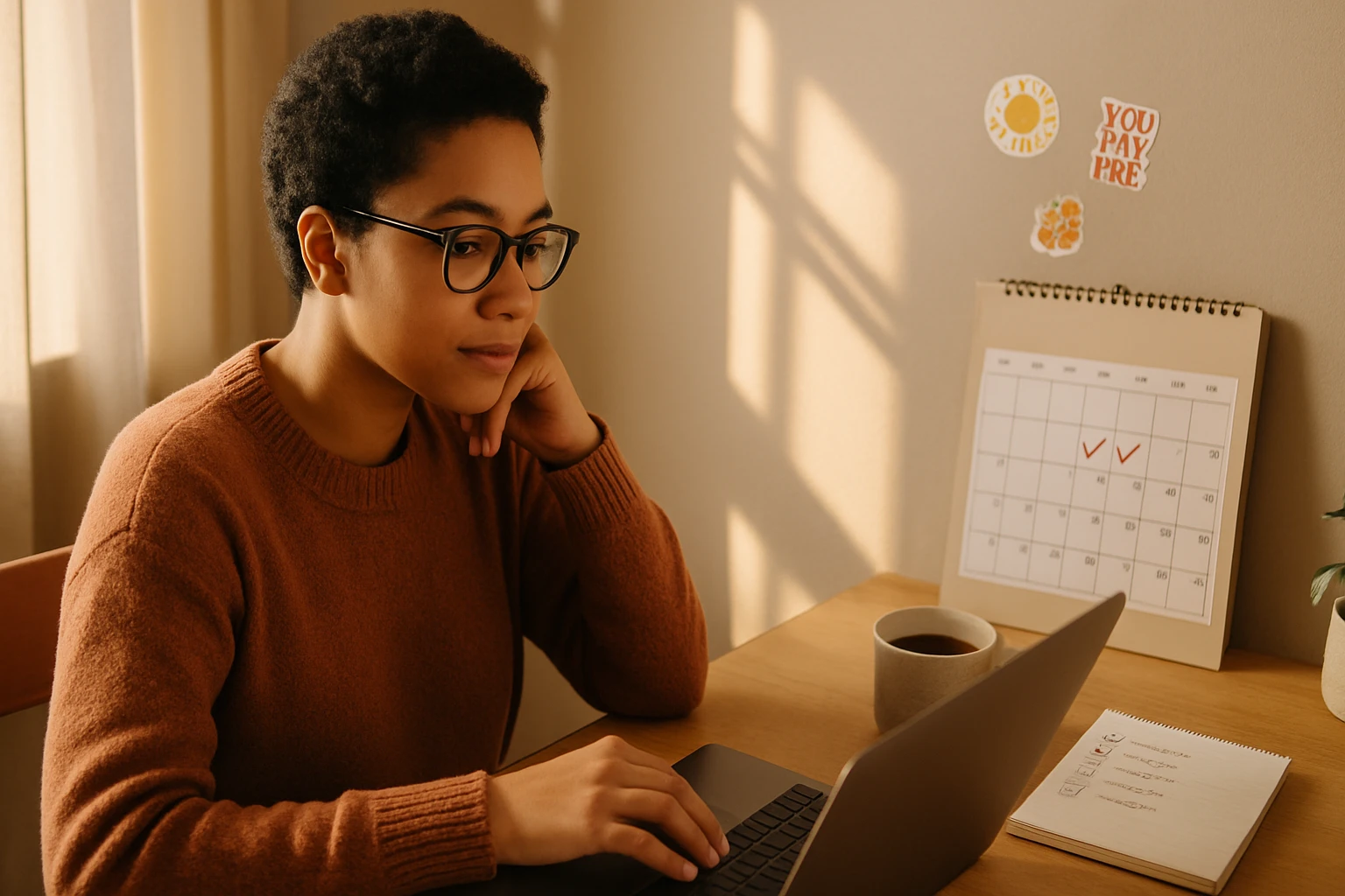 Mladá žena s okuliarmi pracuje na laptopu pri stole, vedľa kalendár a šálka kávy.