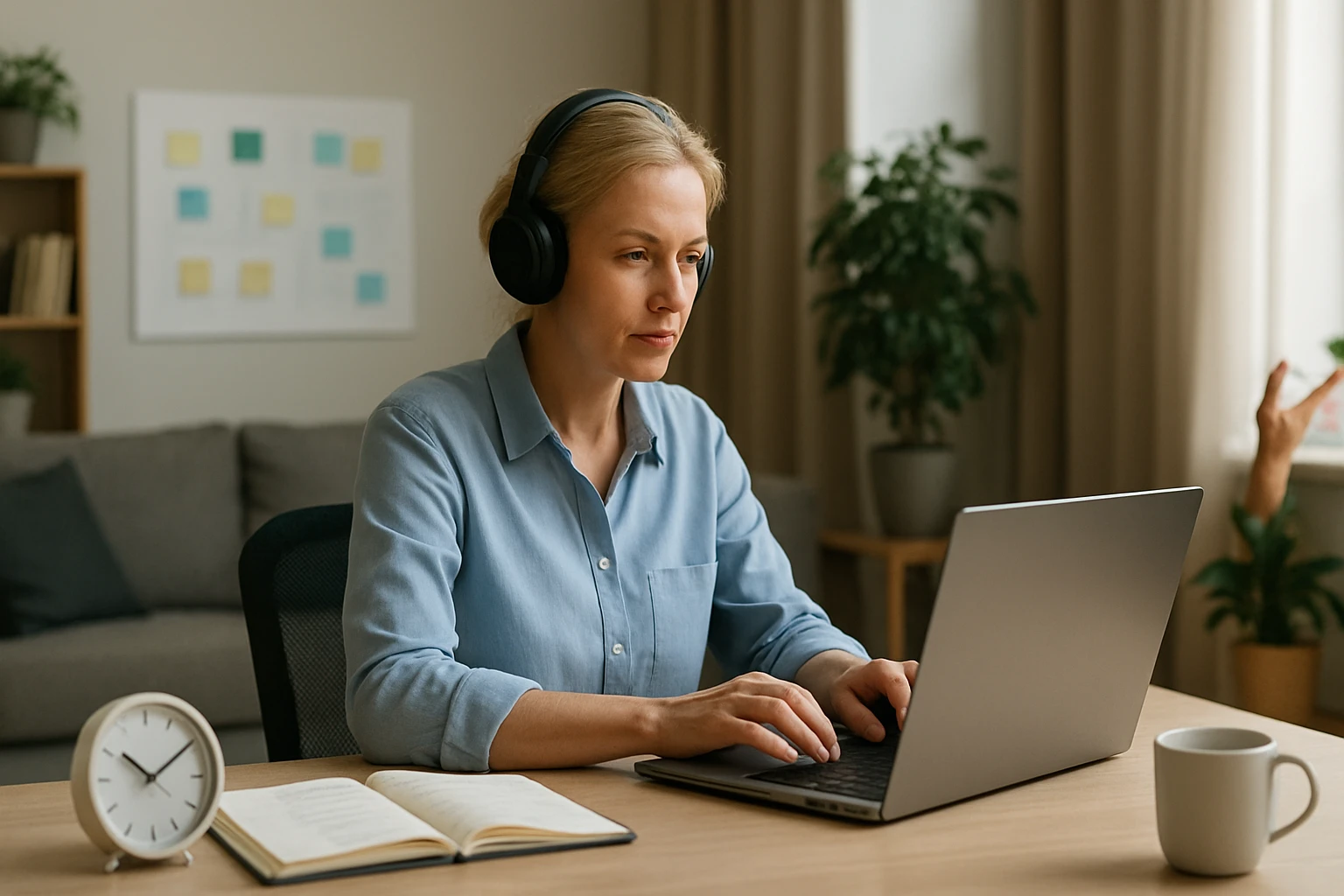 Žena s slúchadlami pracuje na laptopu v útulnej domácej kancelárii.