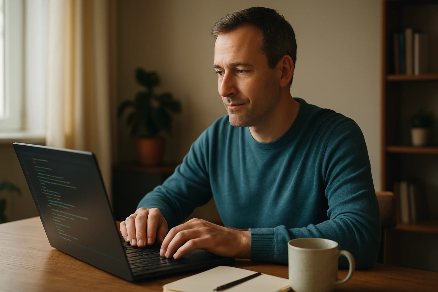 Muž pracuje na notebooku, pred ním je šálka a zápisník.