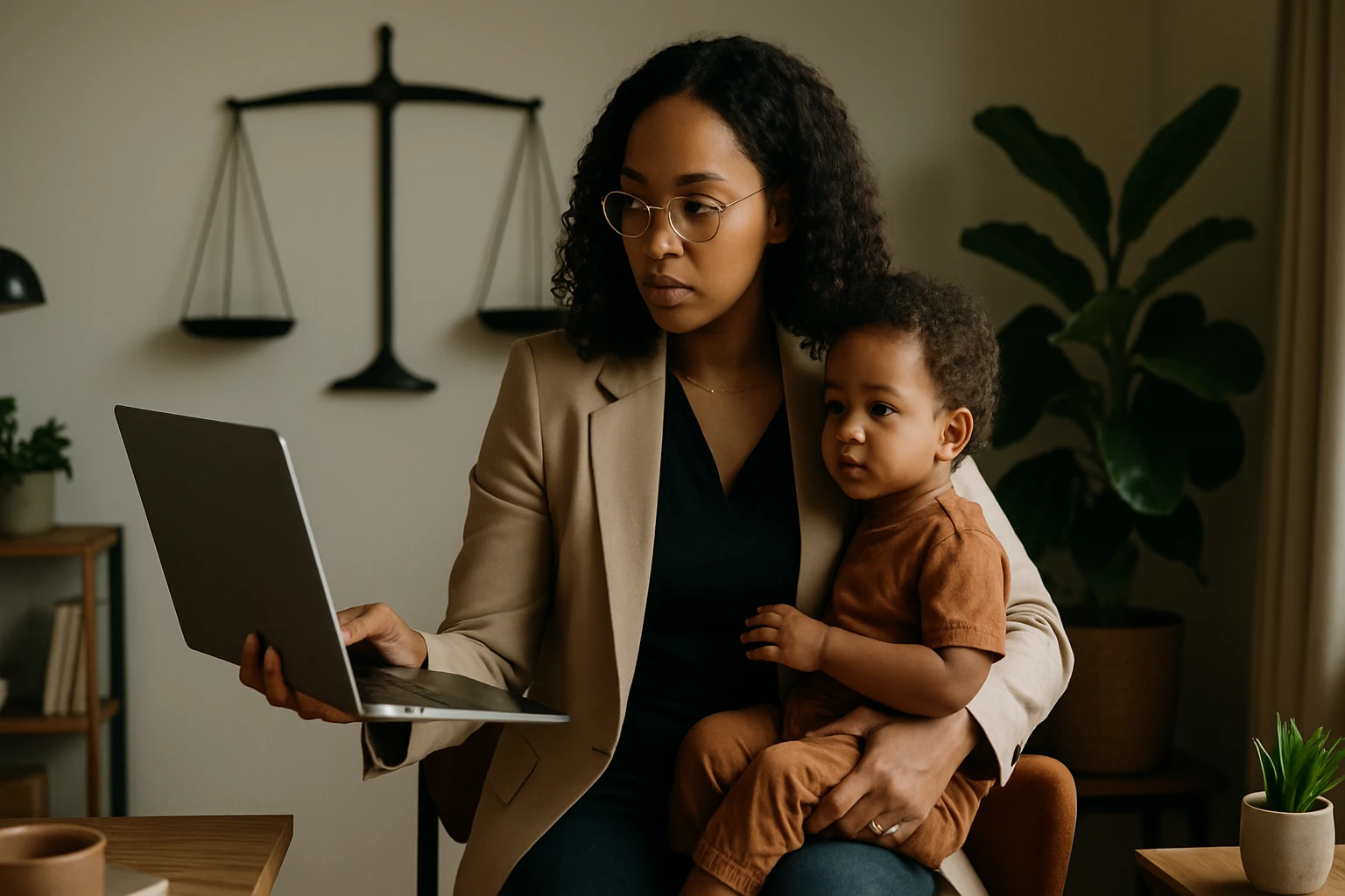 Žena s okuliarmi sedí na stoličke a drží dieťa, zatiaľ čo pracuje na laptopu.