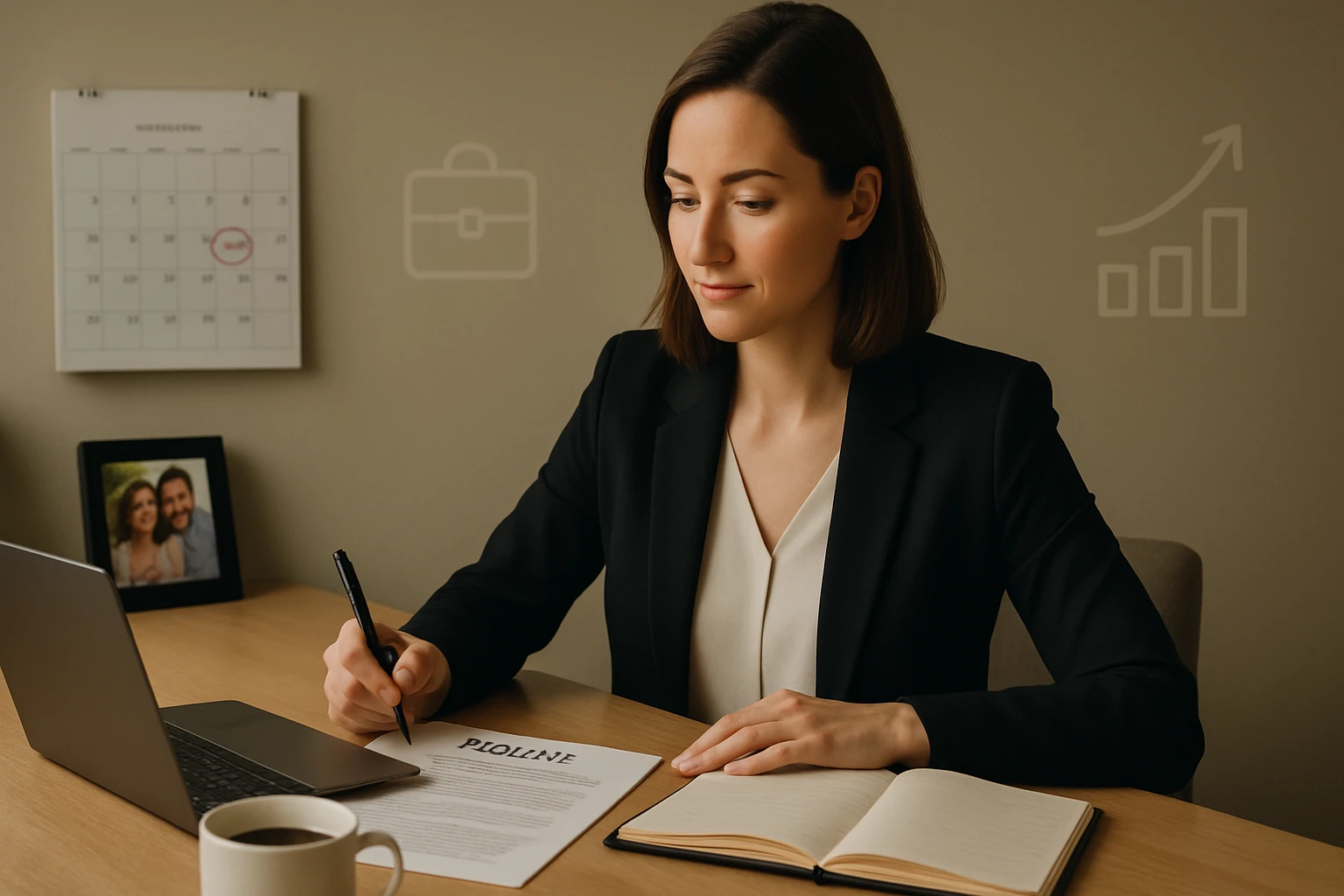 Žena v obleku sedí pri stole, píše na dokument a má pred sebou notebook.