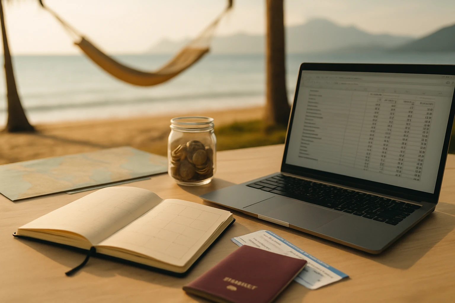 Na stole je notebook, laptop, mapa a sklenená nádoba s mincami pri pláži.