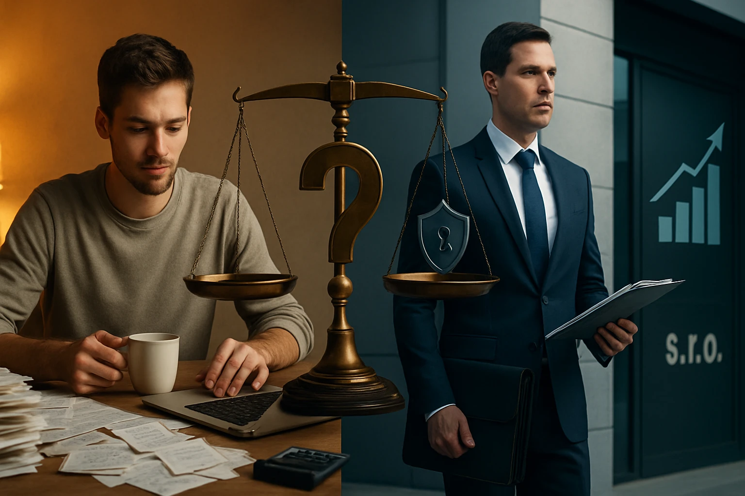 Mladý muž sedí pri stole s laptopom a šálkou kávy, vedľa neho váhy spravodlivosti.