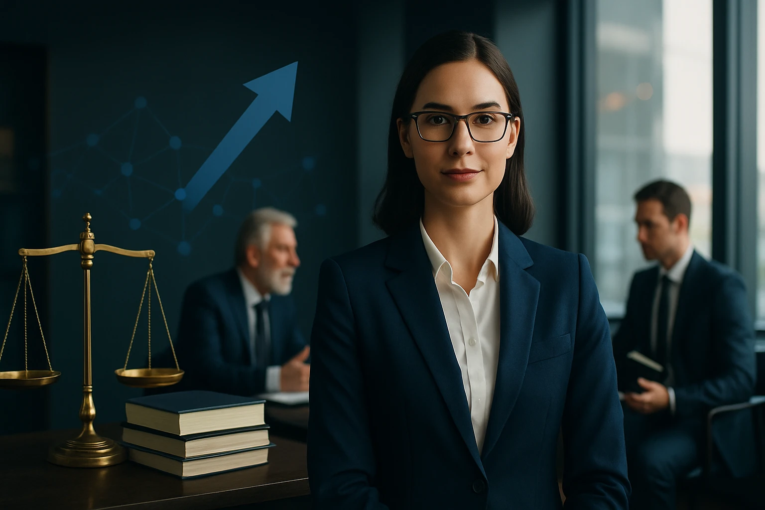 Mladá žena v obleku s okuliarmi stojí pred váhami spravodlivosti v kancelárii.