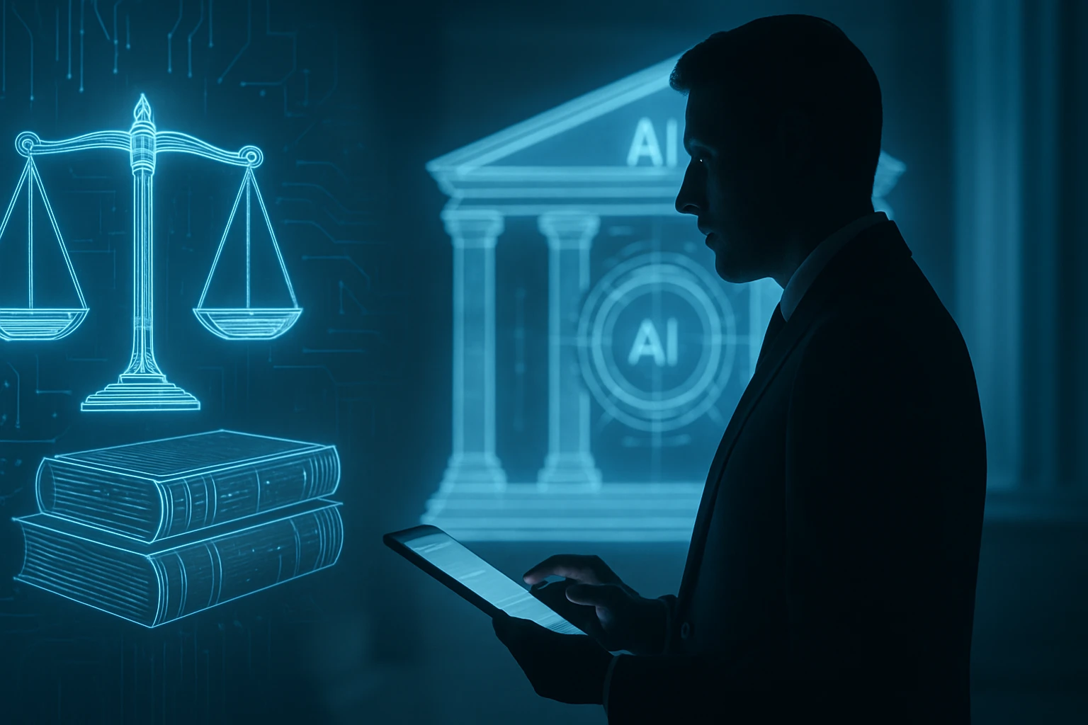 Muž v obleku s tabletom, pred ním sú zobrazené symboly práva a technológie.