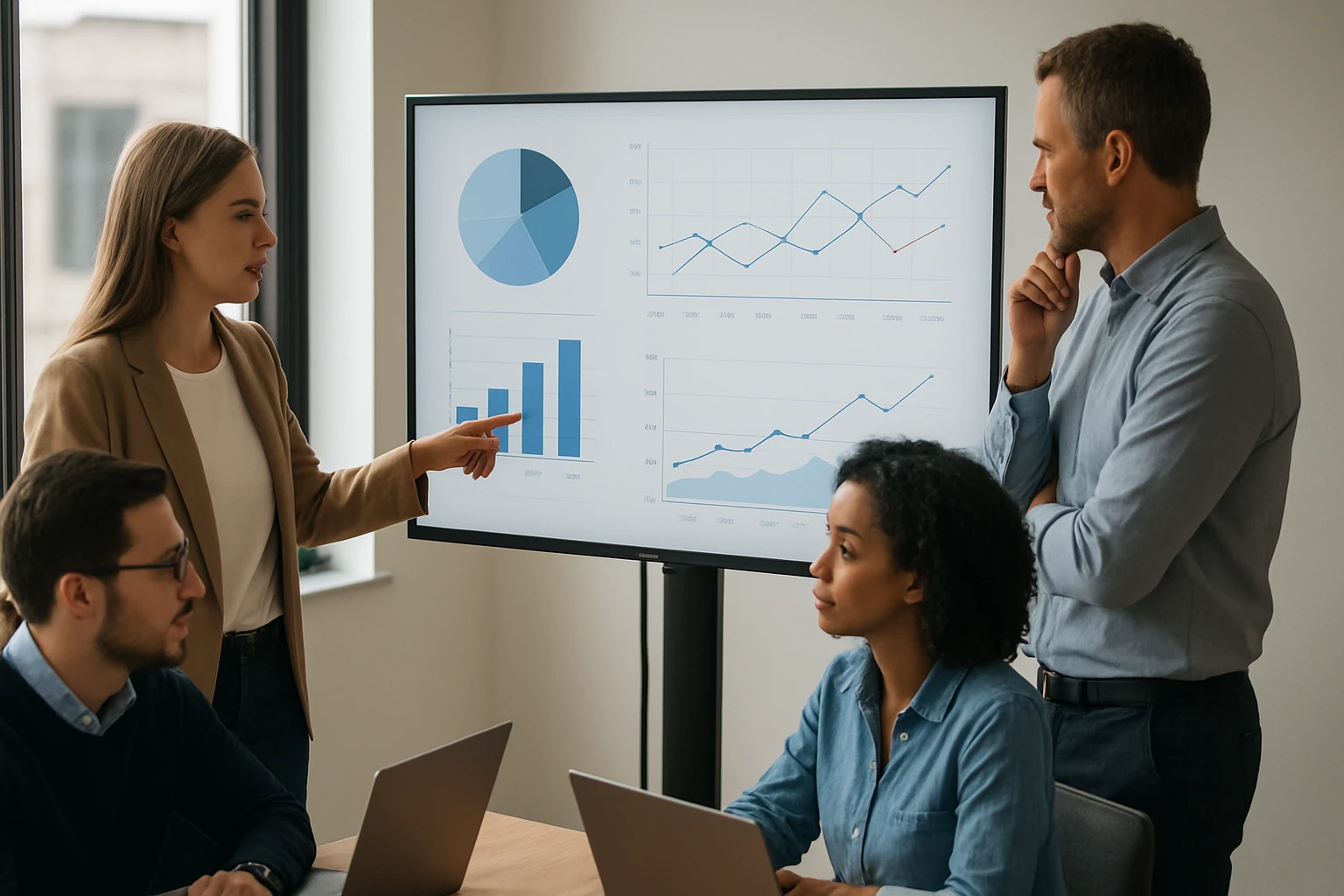 Žena prezentuje grafy a štatistiky na obrazovke pred skupinou ľudí.