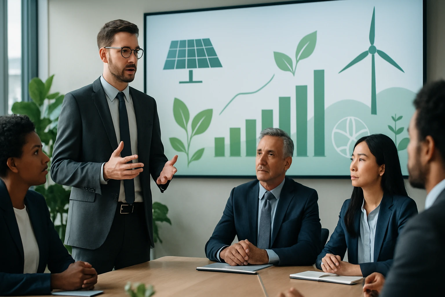 Muž v obleku prezentuje na stretnutí o udržateľnosti a obnoviteľných zdrojoch energie.