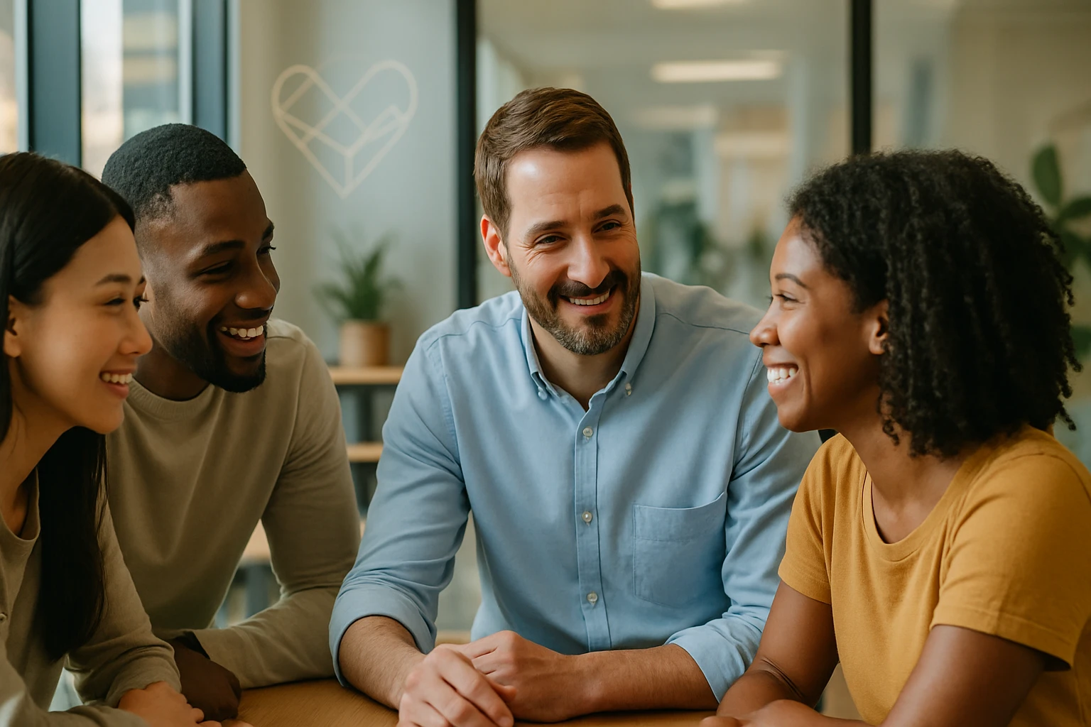 Skupina štyroch priateľov sa usmieva a rozpráva pri stole v kancelárii.