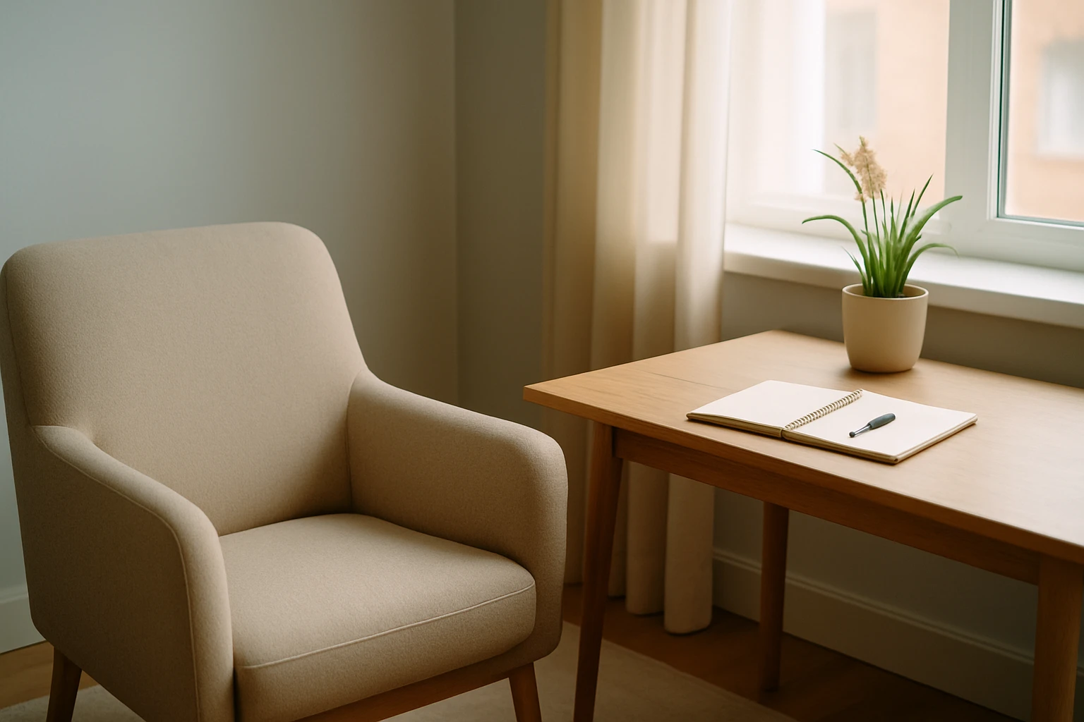 Pohodlné kreslo vedľa stola s poznámkovým blokom a rastlinou na okne.