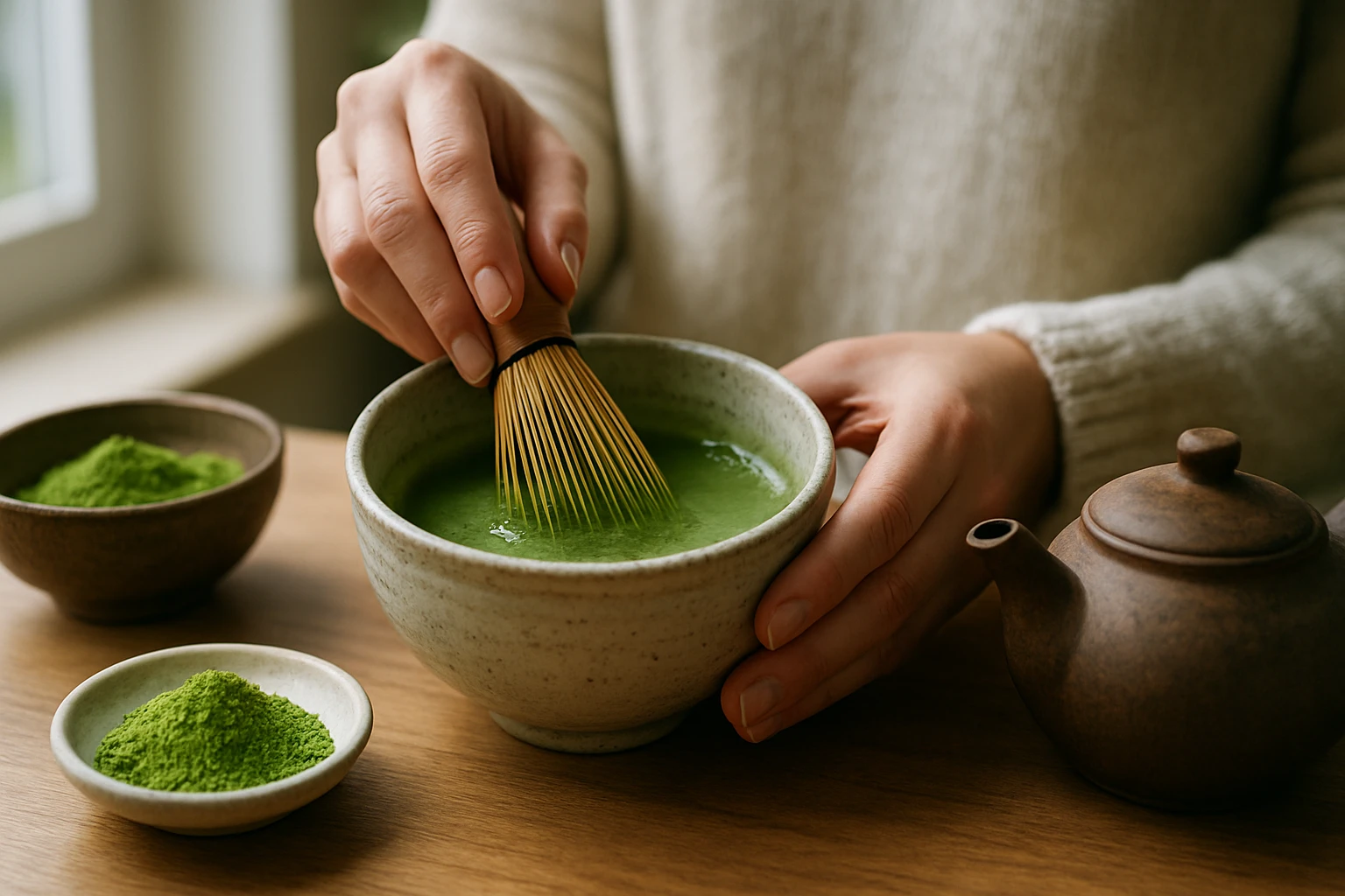 Ruka mieša matcha čaj v keramickej miske s bambusovou metličkou.