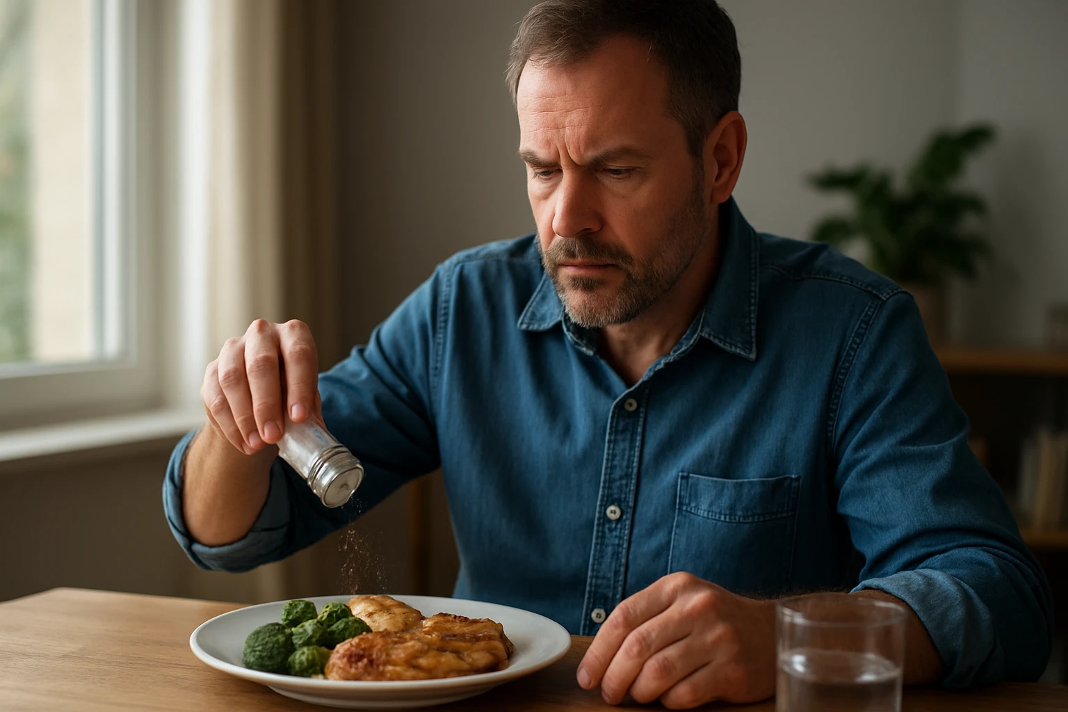 Muž posypáva soľ na tanier s jedlom, ktorý obsahuje špenát a mäsové jedlo.