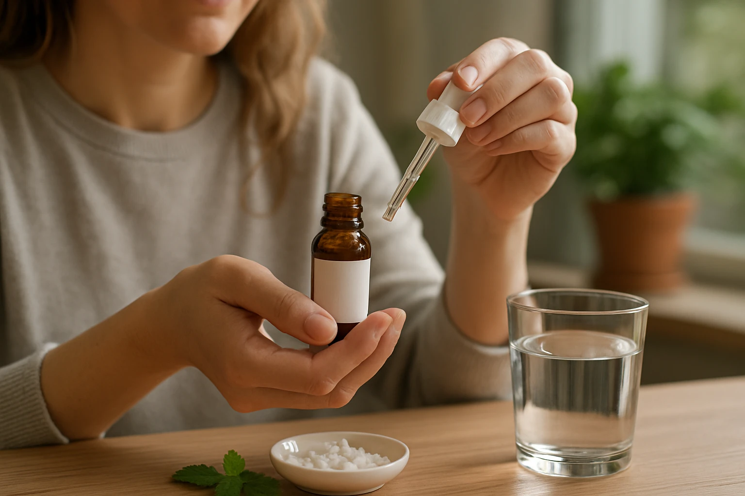 Žena drží hnedú fľaštičku s kvapkadlom a pripravuje sa na dávkovanie.