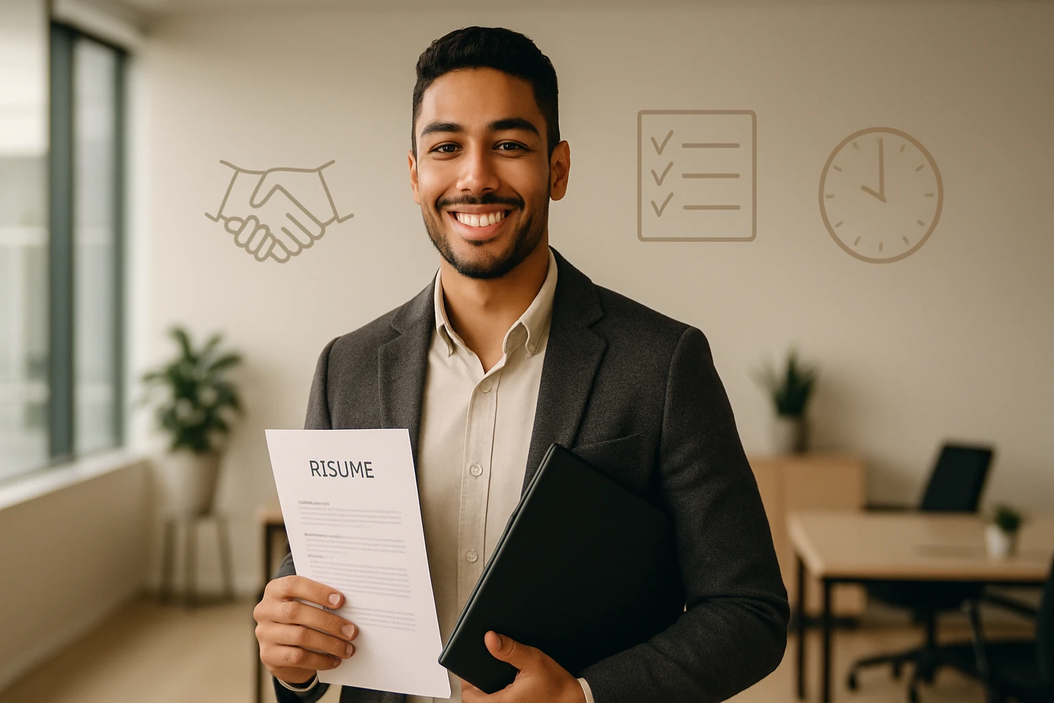 Mladý muž v obleku drží životopis a portfólio v modernom kancelárskom prostredí.