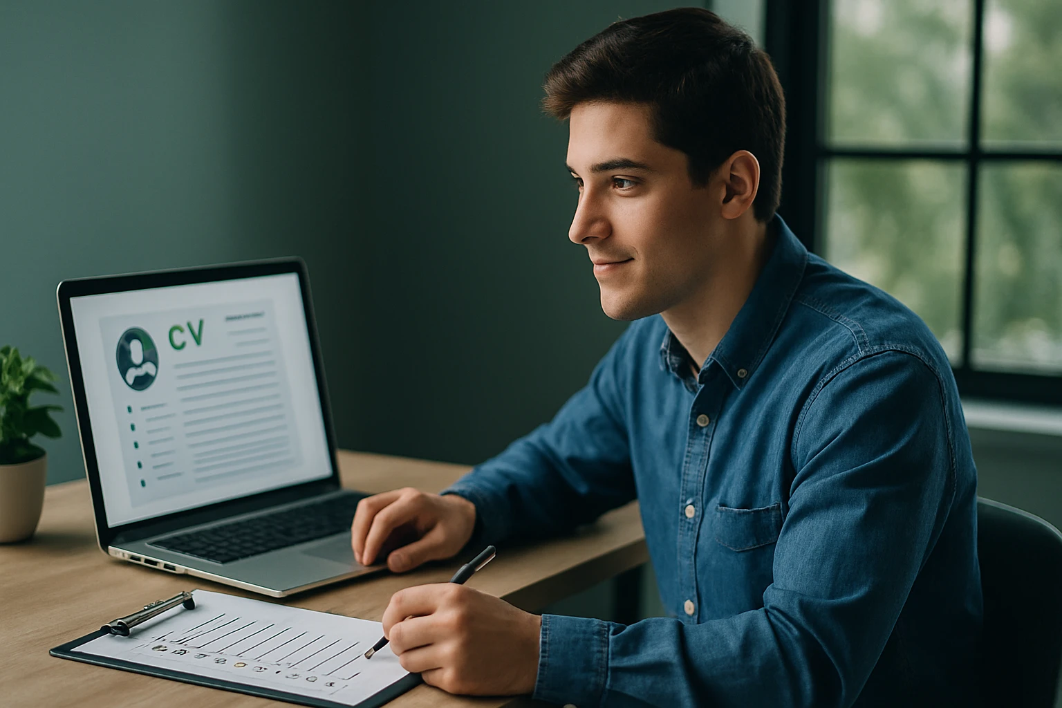 Mladý muž sedí pri stole a pracuje na svojom životopise na laptopu.