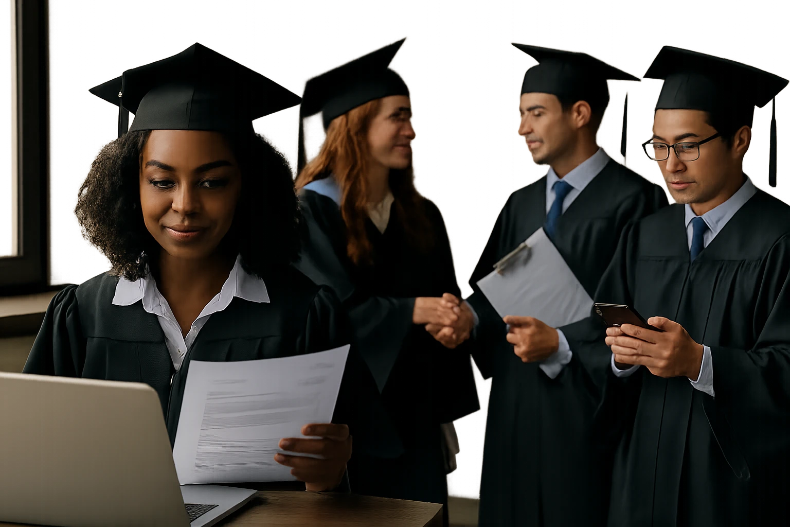 Študenti v promočných talároch diskutujú a pripravujú sa na slávnosť.