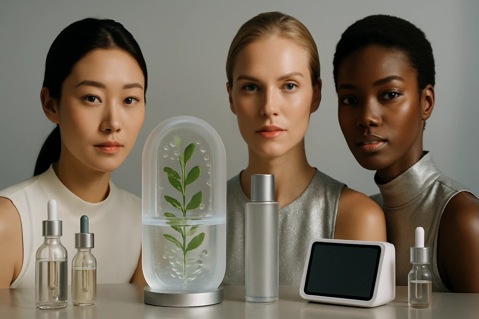 Tri ženy s rôznymi tónmi pleti stoja pred kozmetickými produktmi a rastlinou vo vode.