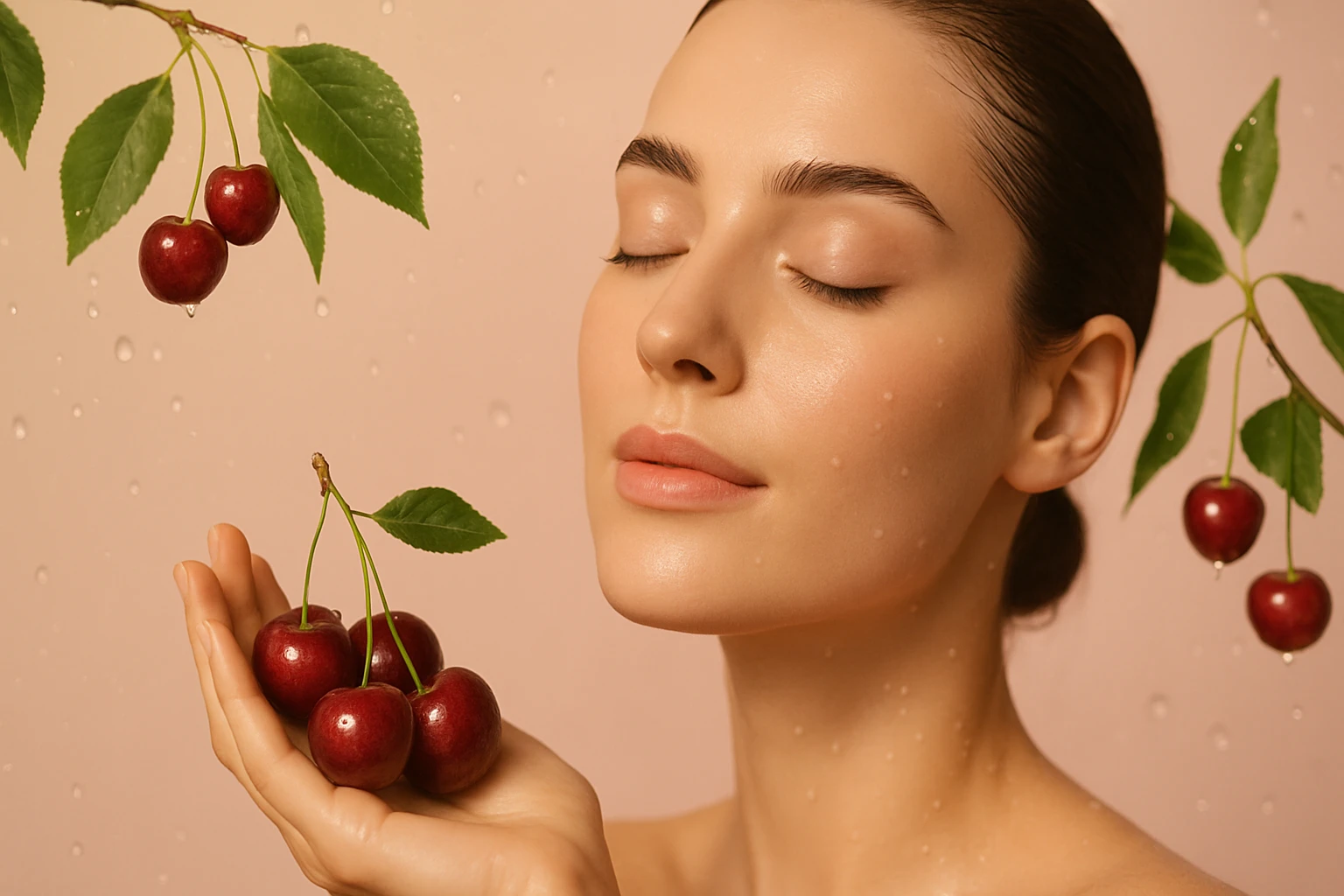 Žena s hladkou pleťou drží čerešne v ruke, zatvorenými očami vyžaruje pokoj.
