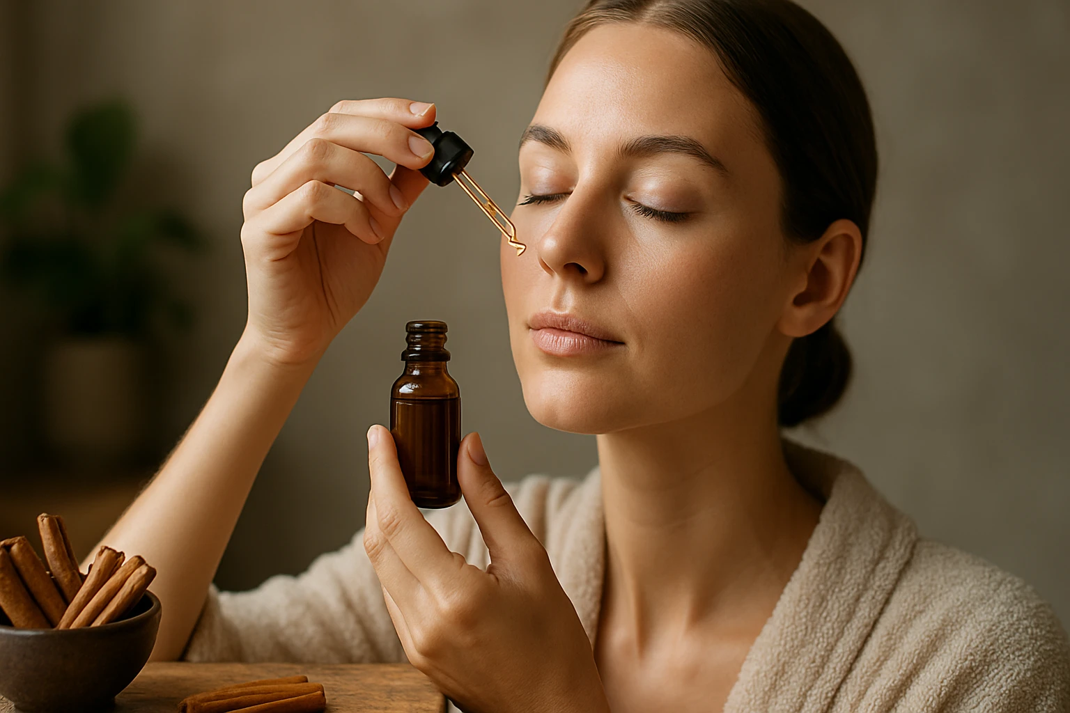 Žena s jemnou pleťou aplikuje olej na tvár pomocou pipety.