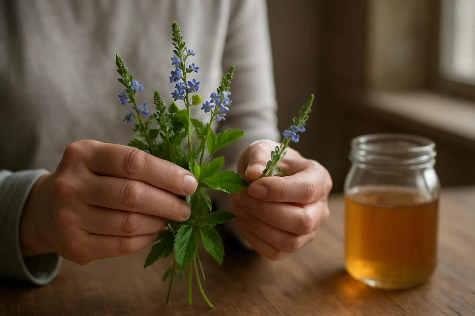 Ručne držané bylinky s modrými kvetmi a pohár s bylinkovým čajom.