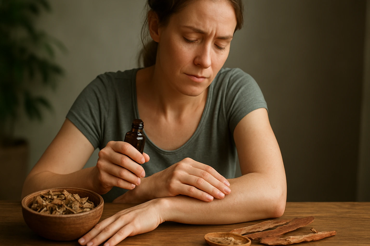 Žena aplikuje esenciálny olej na zápästie, vedľa sú bylinky.