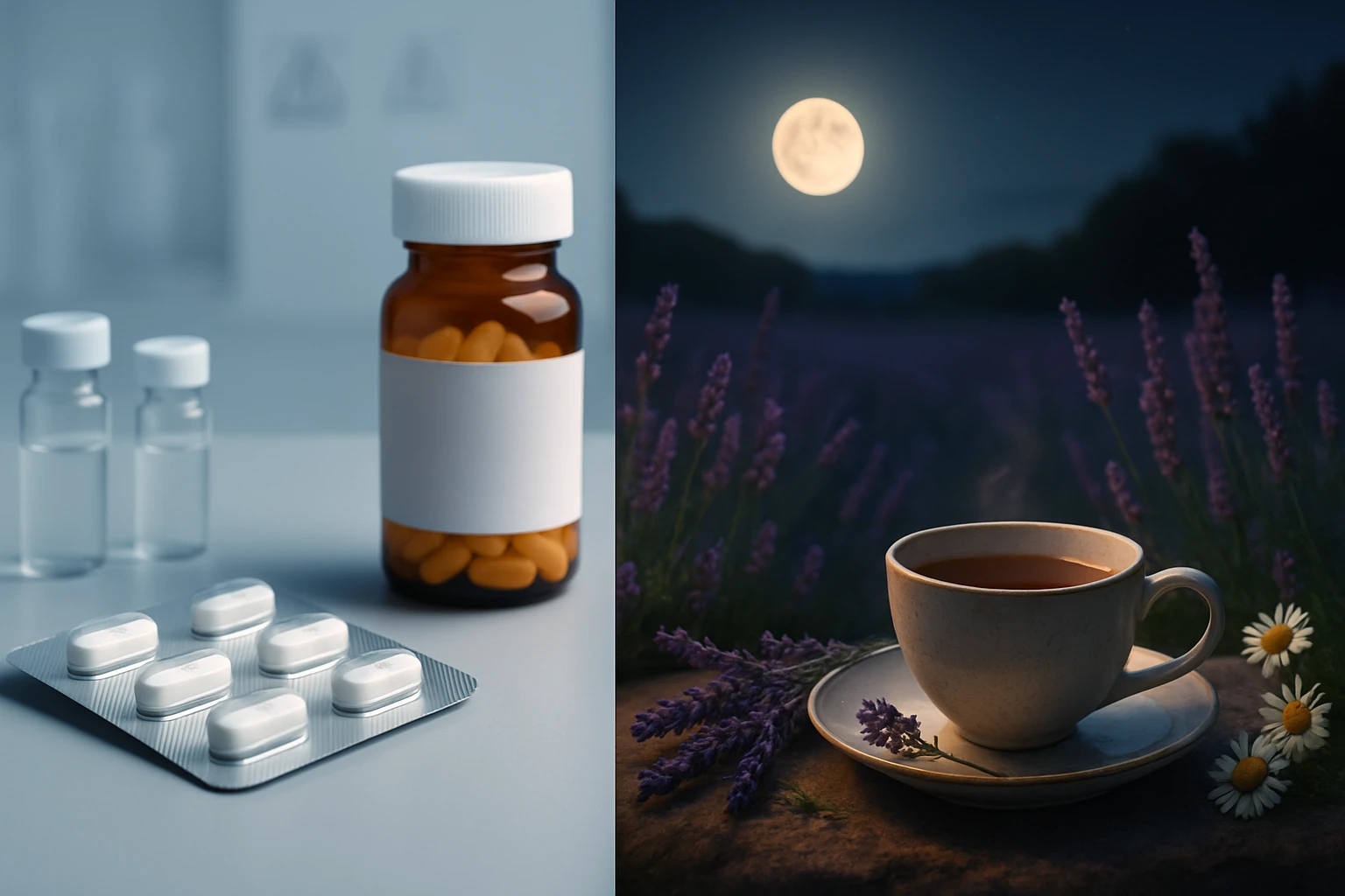 Na stole sú lieky v fľaši a blistri, vedľa šálky čaju a levandule.