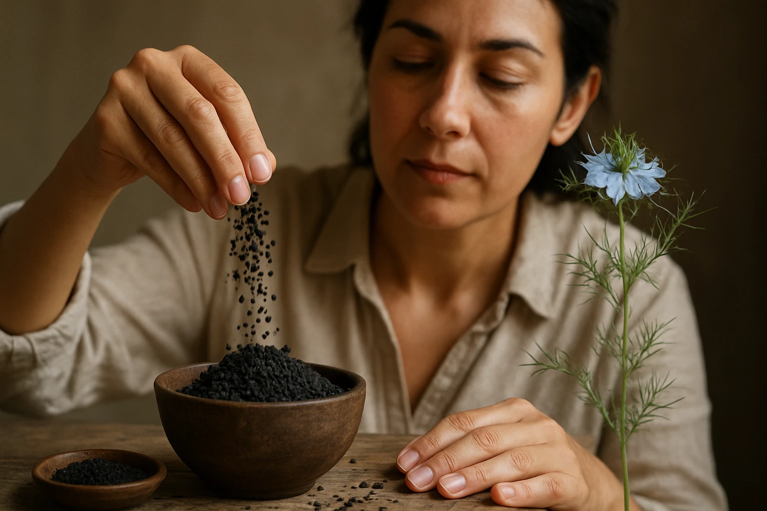 Žena s hnedou blúzkou sype čierne semienka do misky na drevenom stole.