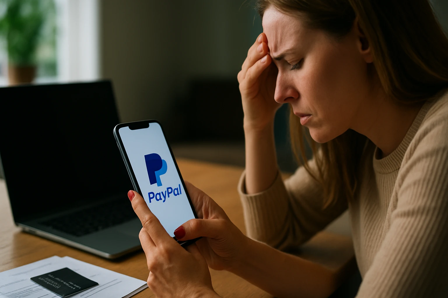 Žena s mobilným telefónom, na ktorom je logo PayPal, vyzerá znepokojene.