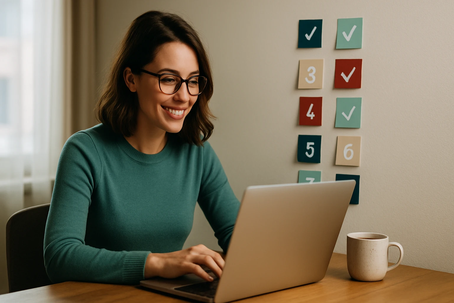 Mladá žena s okuliarmi pracuje na laptopu pri drevenom stole.