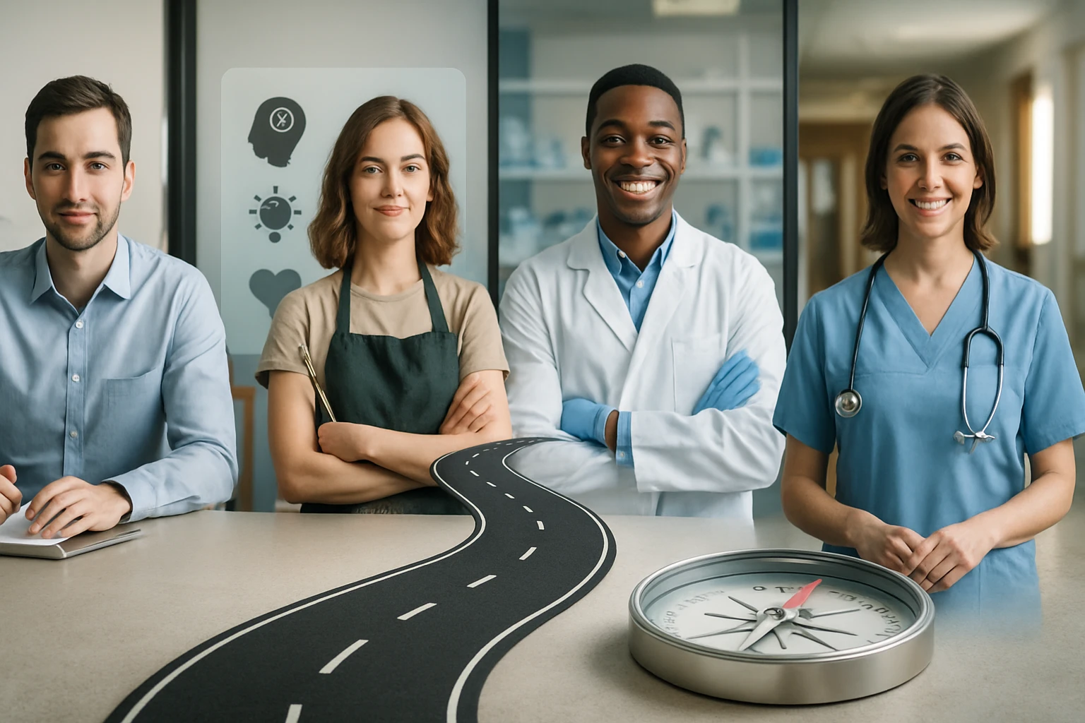 Štyria profesionáli rôznych odborov stoja za stolom s cestou a kompasom.