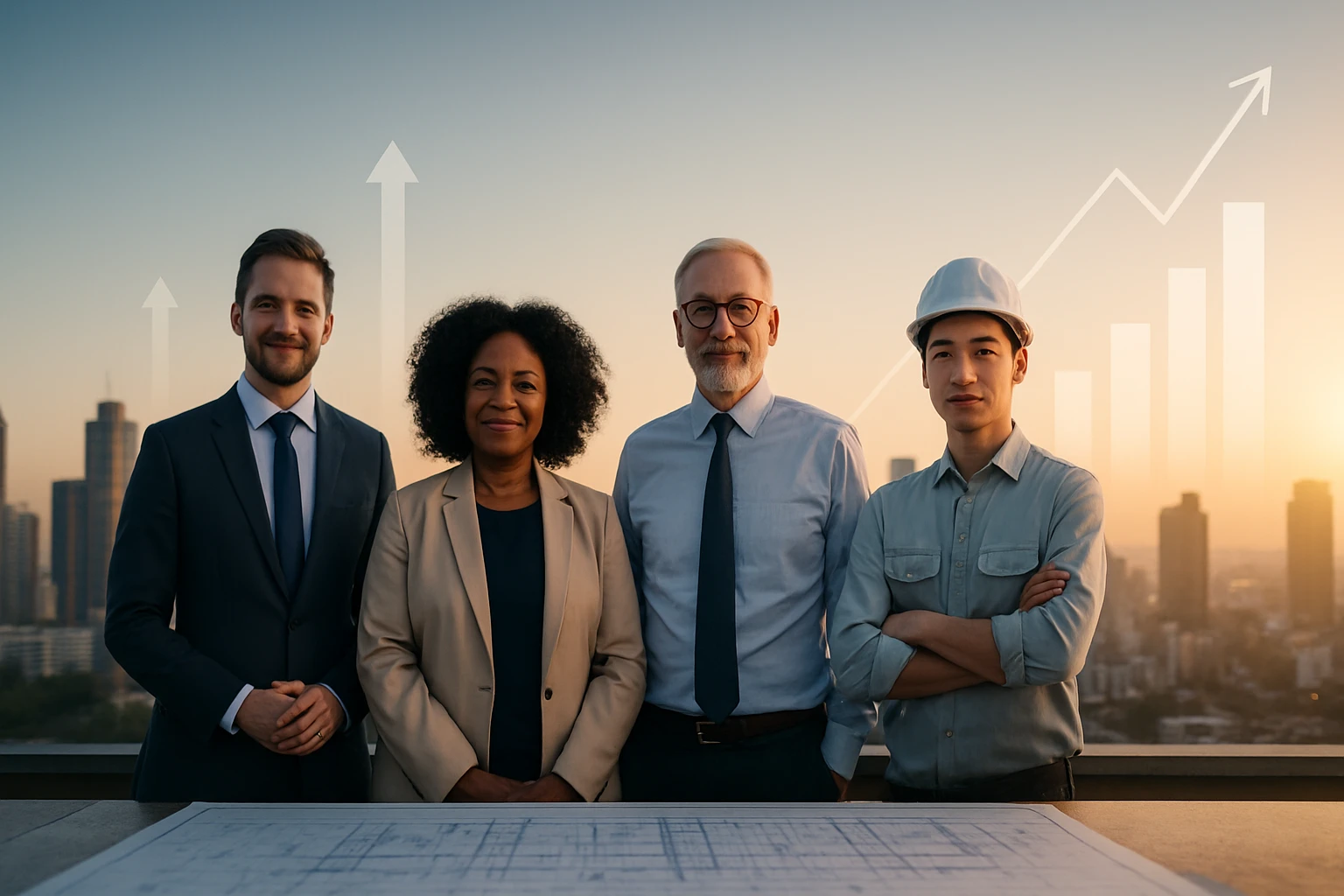 Skupina štyroch profesionálov na streche budovy s mestským pozadím.