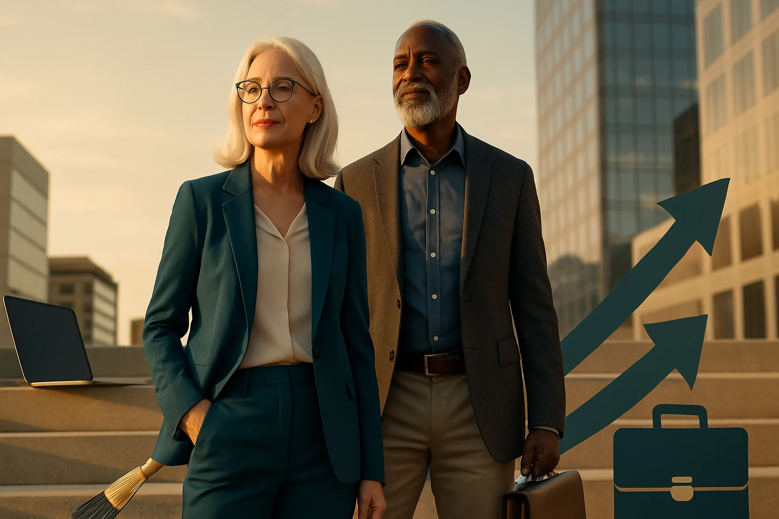 Dve profesionálne osoby, muž a žena, stoja a néznek előre, háttérben városi táj.