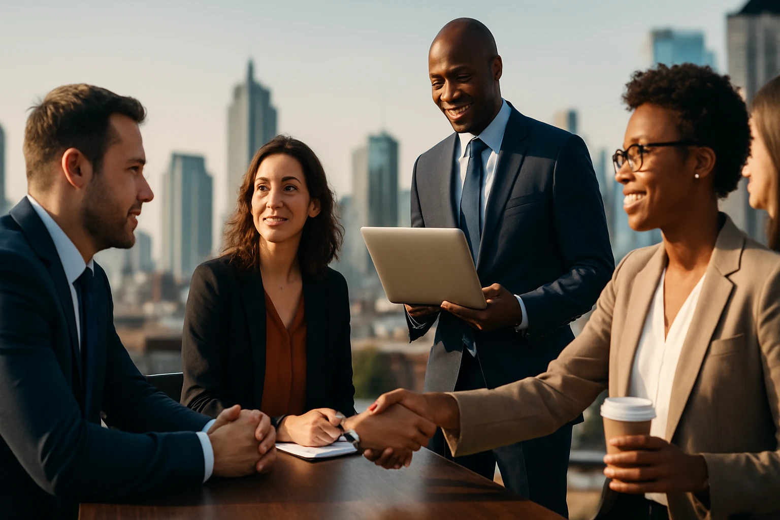 Skupina profesionálov diskutuje a spolupracuje egy modern irodai környezetben.