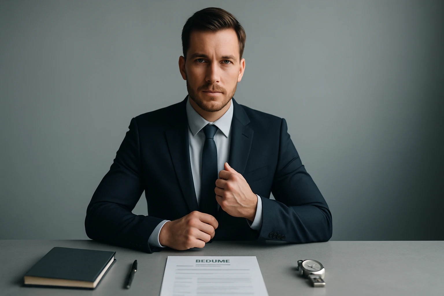 Muž v obleku sedí za stolom s dokumentom a zápisníkom, vyžaruje profesionalitu.