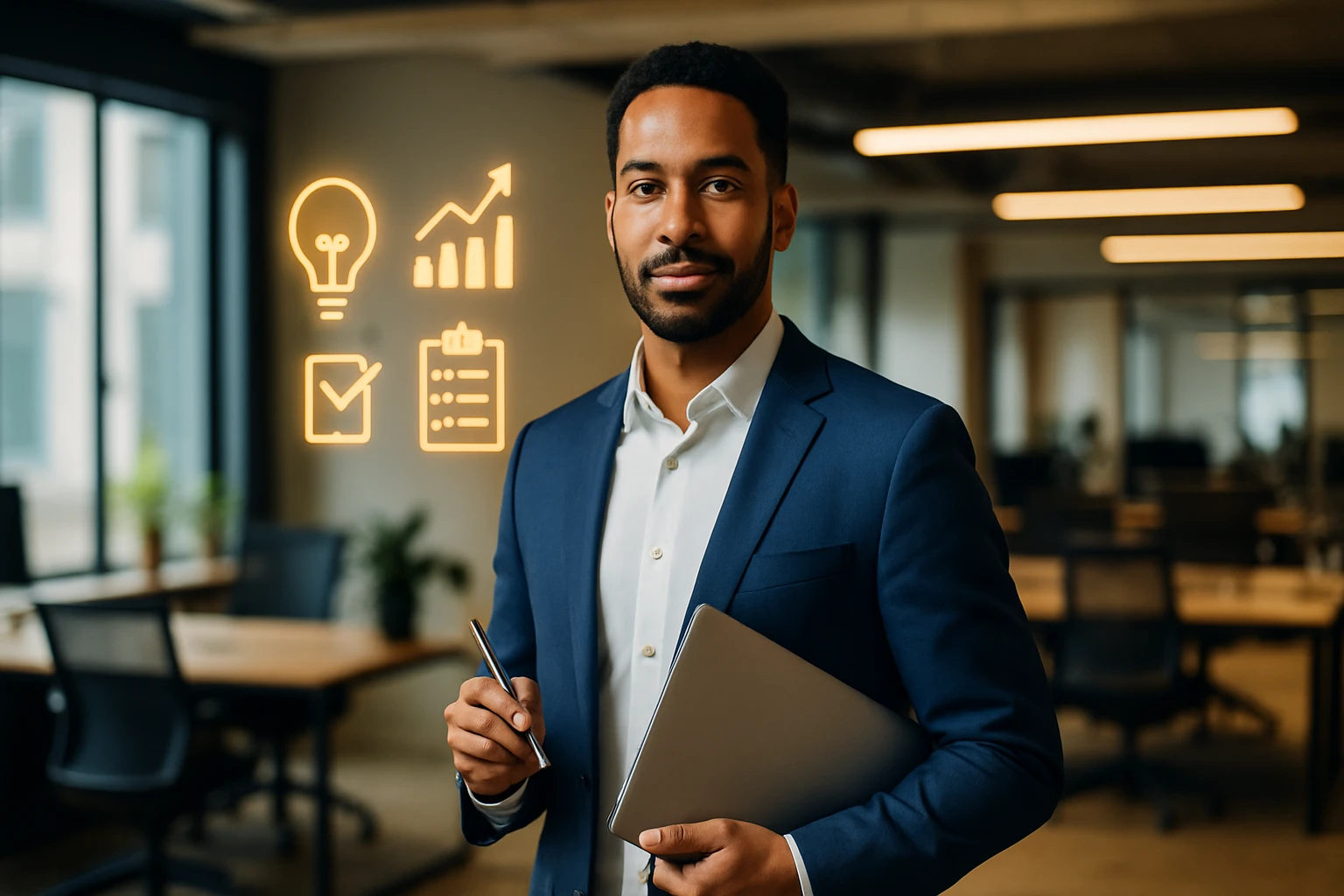 Muž v obleku s notebookom a perom, stojí v modernom kancelárskom prostredí.