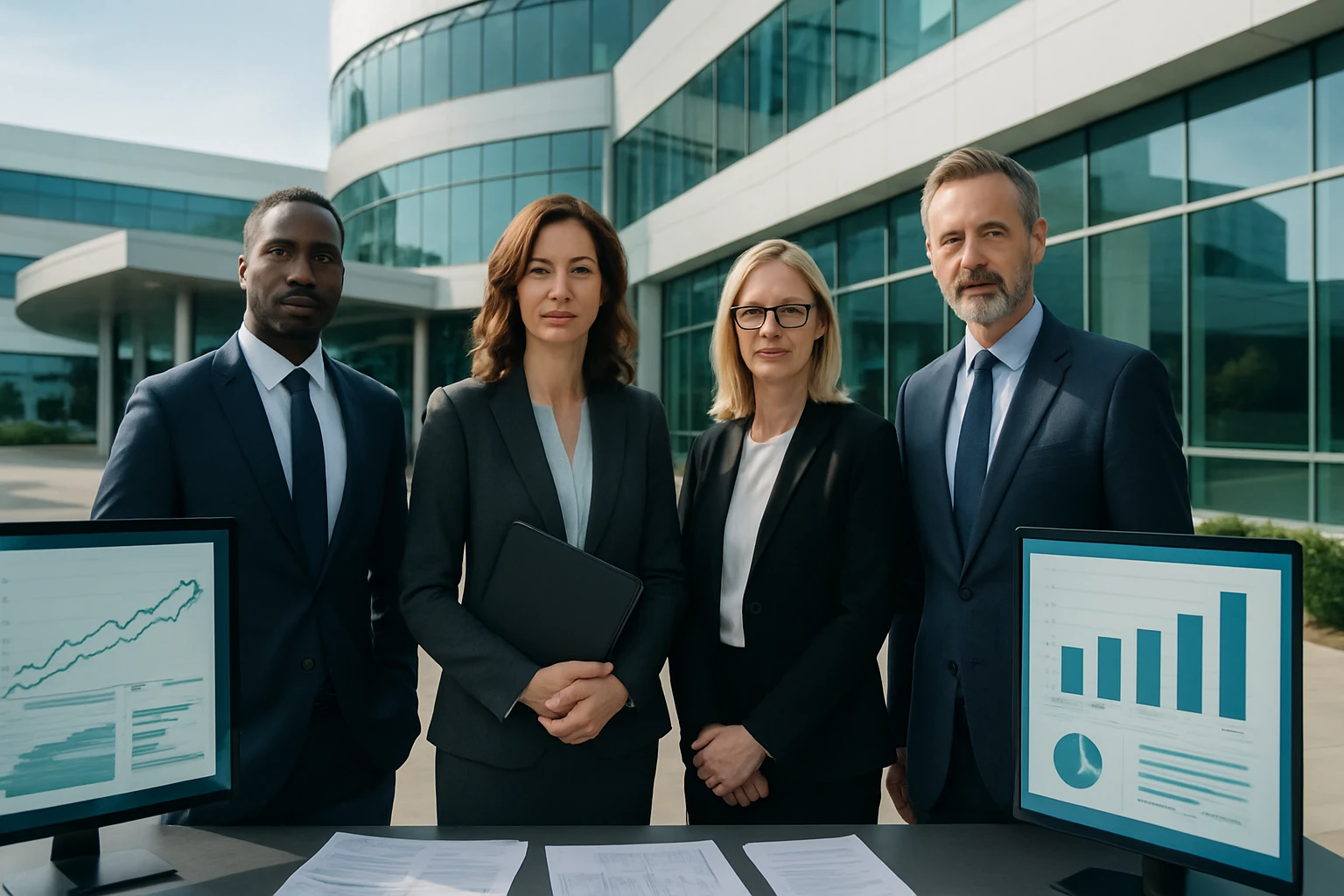 Skupina profesionálov v oblekoch pred modernou budovou, s grafmi na obrazovkách.
