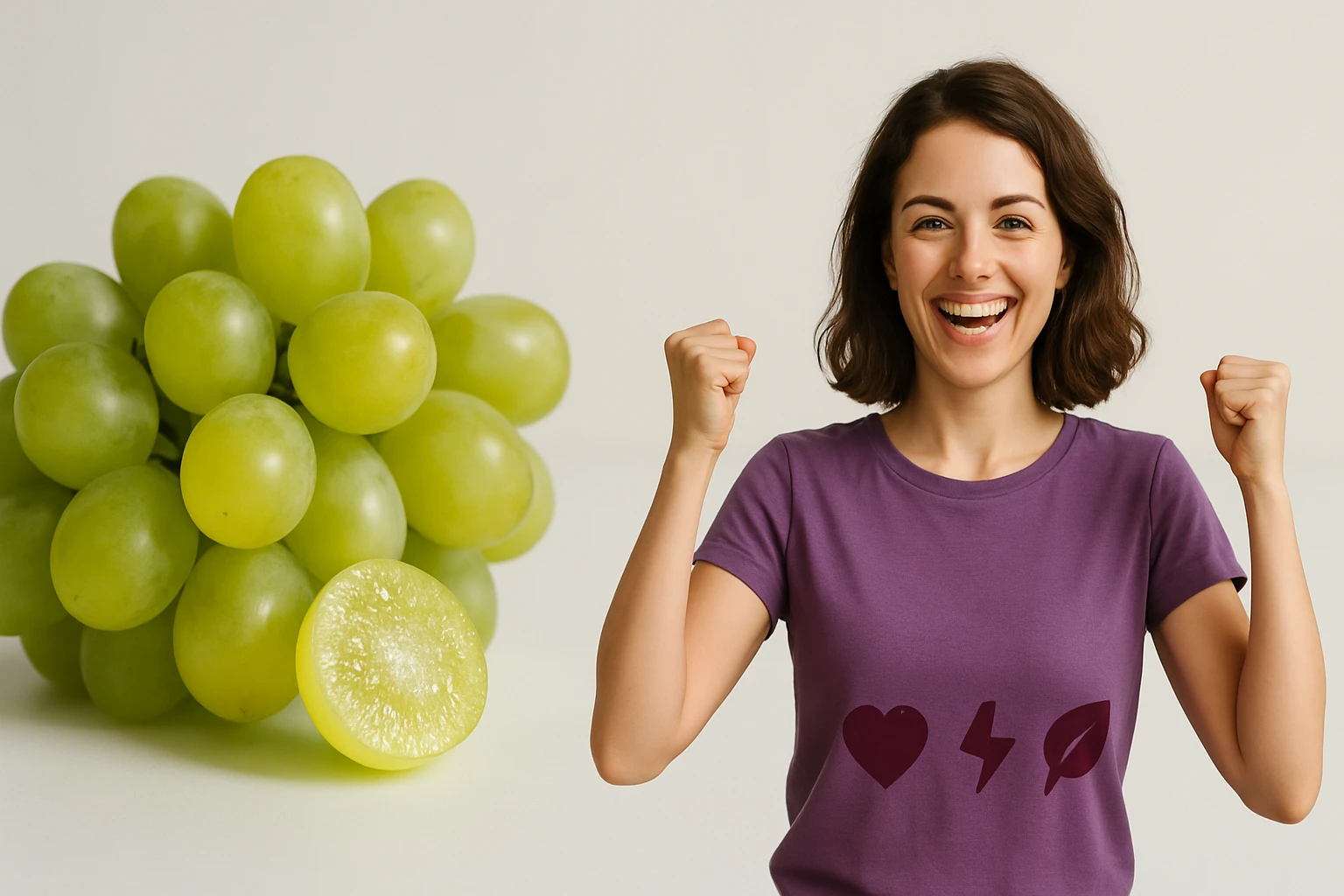 Žena s krátkymi hnedými vlasmi sa usmieva a zdvíha ruky v triumfe vedľa hrozna.