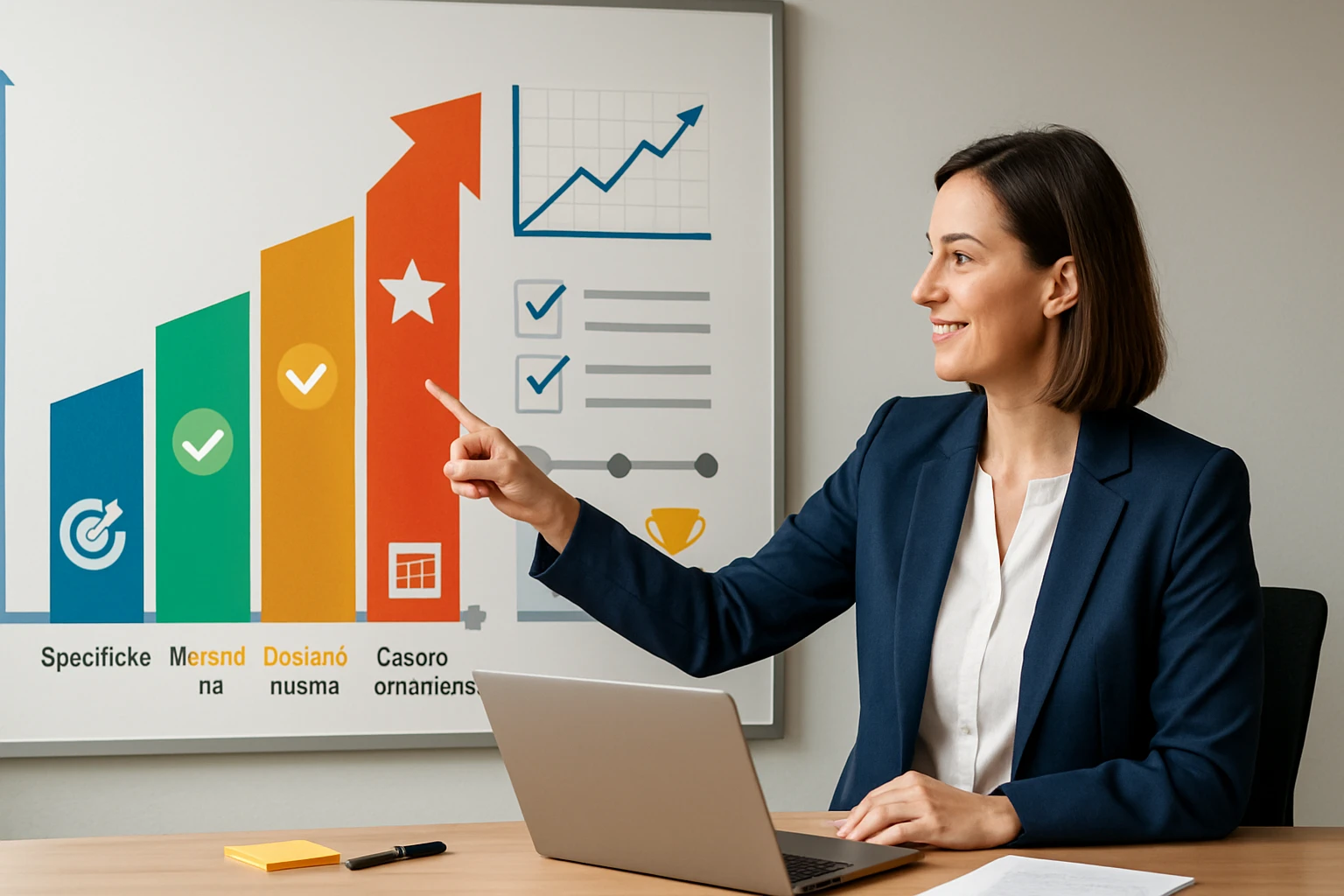 Žena v obleku ukazuje na graf s rastom a kontrolnými bodmi na stene.