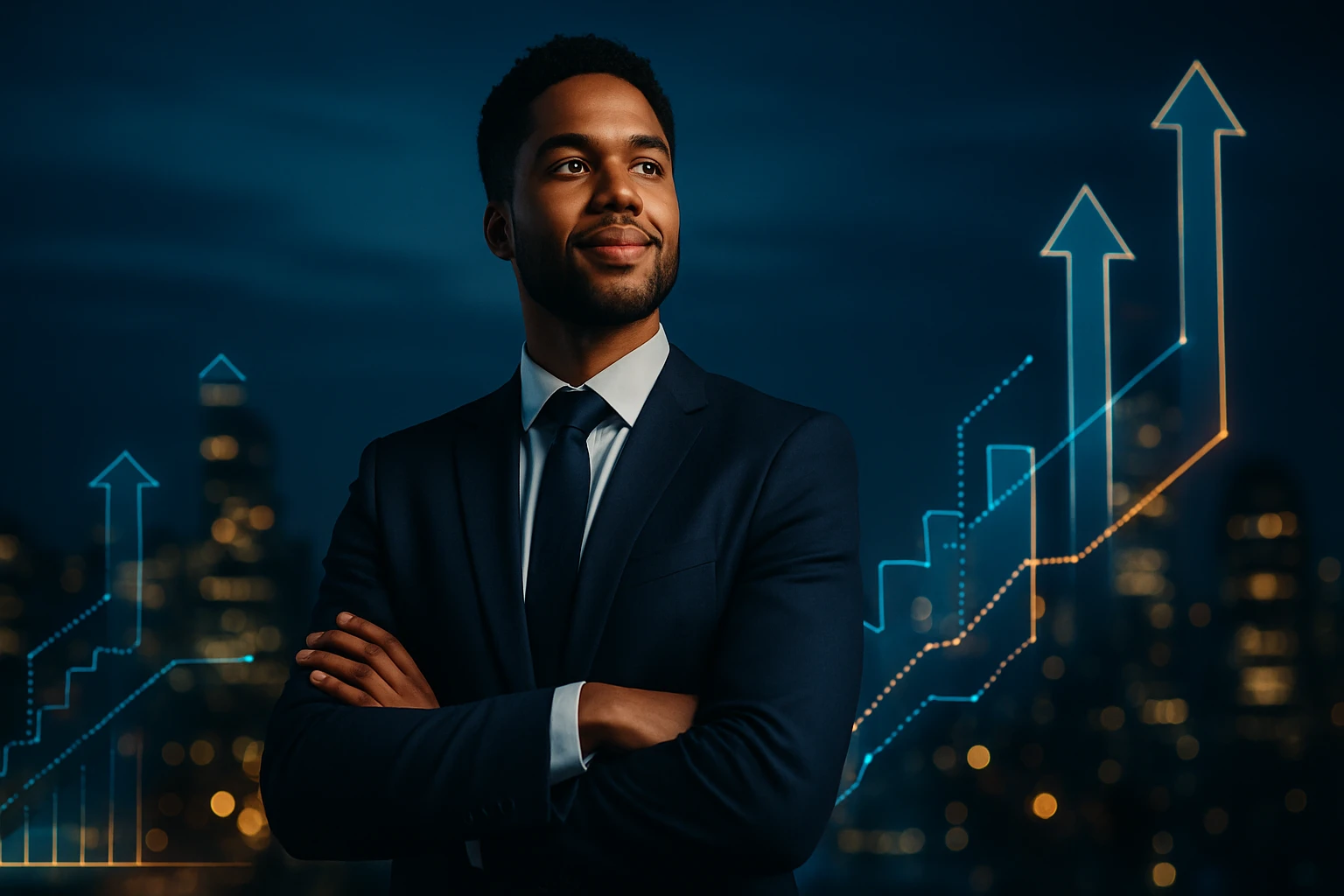 Muž v obleku s úsmevom, stojí pred grafom rastu v nočnej panoráme mesta.