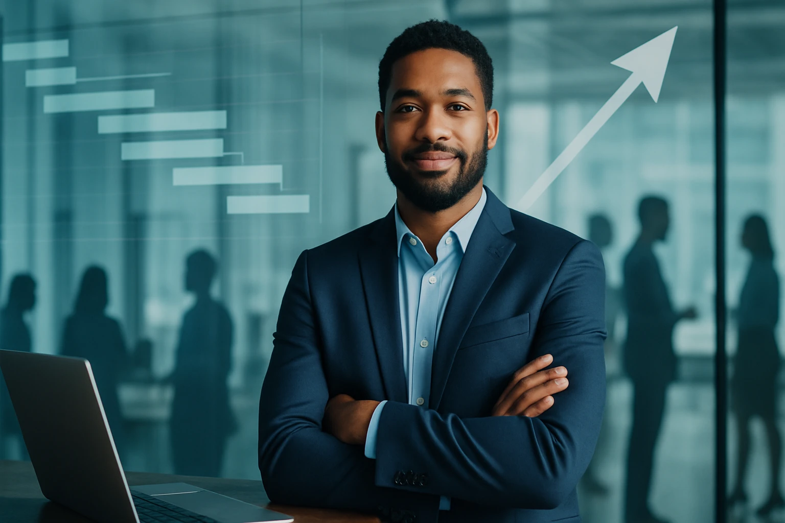 Muž v obleku s prekríženými rukami, stojaci pred grafom rastu v kancelárii.