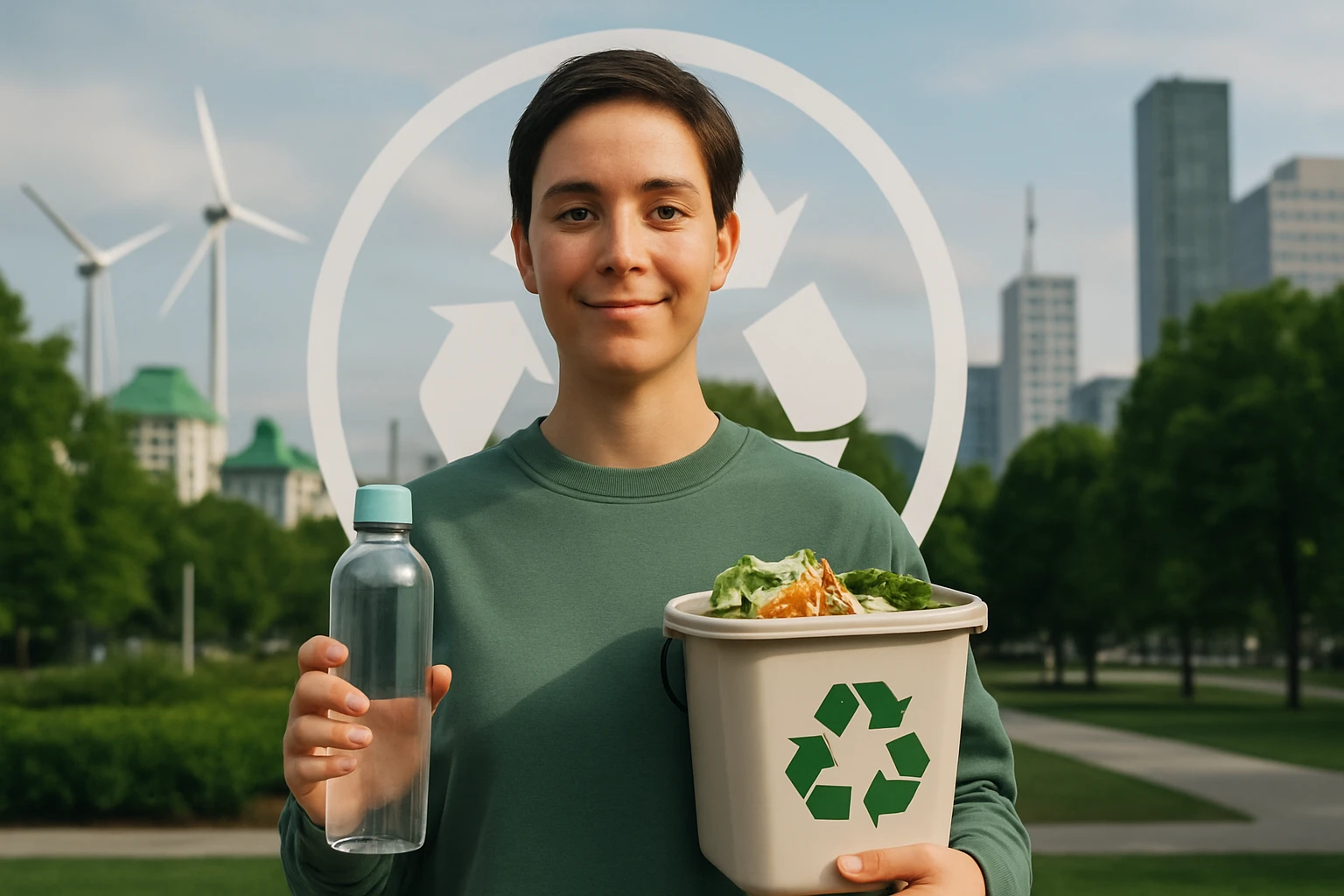 Mladá žena zadržuje plastovú fľašu a nádobu na recykláciu v parku.