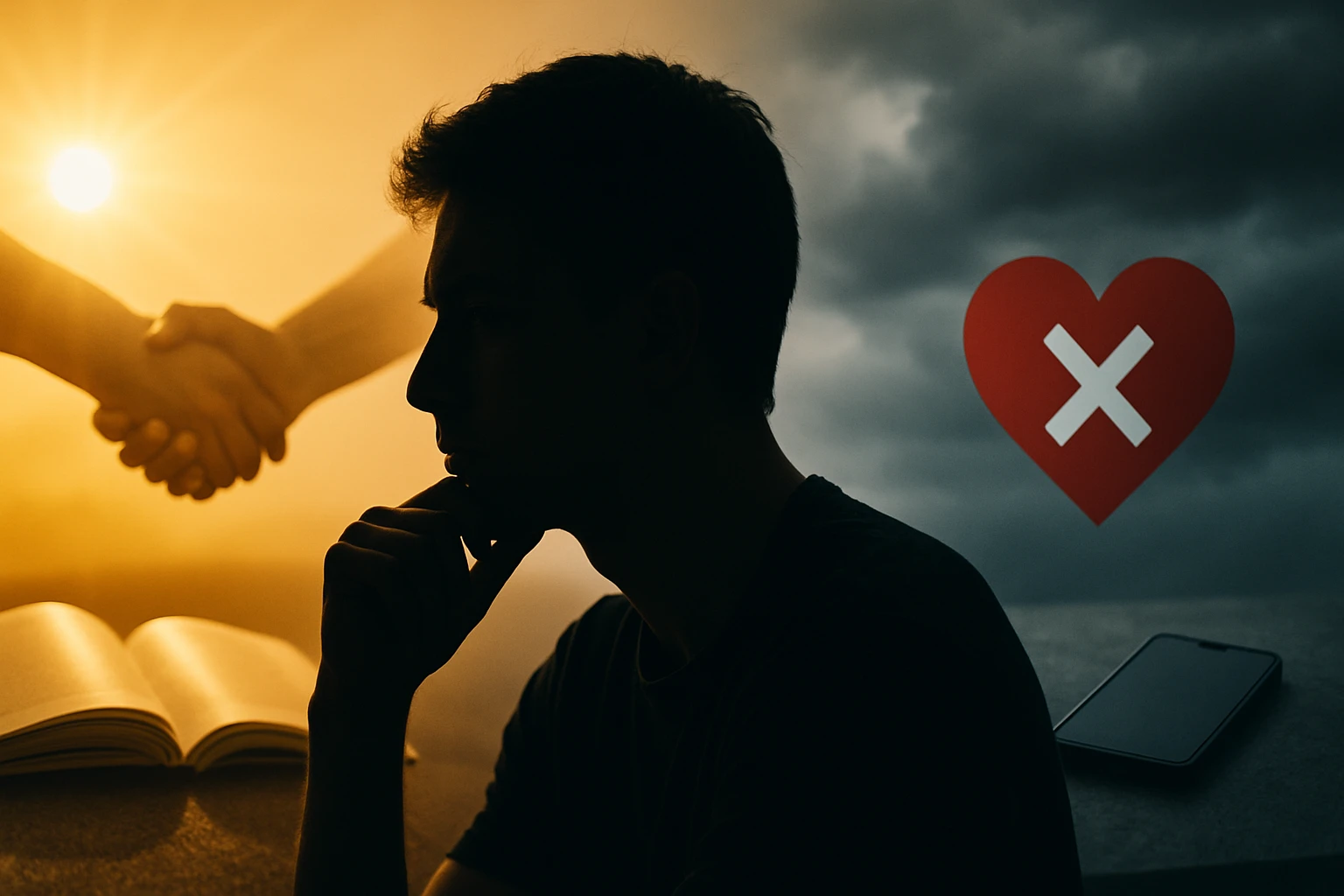 Mladý muž premýšľa, zatiaľ čo v pozadí sú symboly priateľstva a zlomeného srdca.