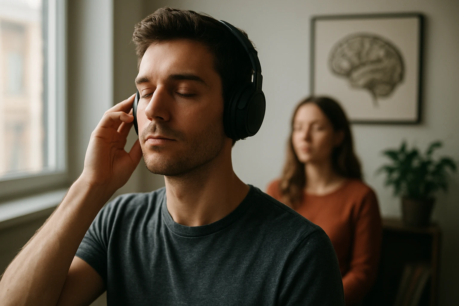 Muž s slúchadlami na ušiach relaxuje, zatvorenými očami, zatiaľ čo žena sedí v pozadí.