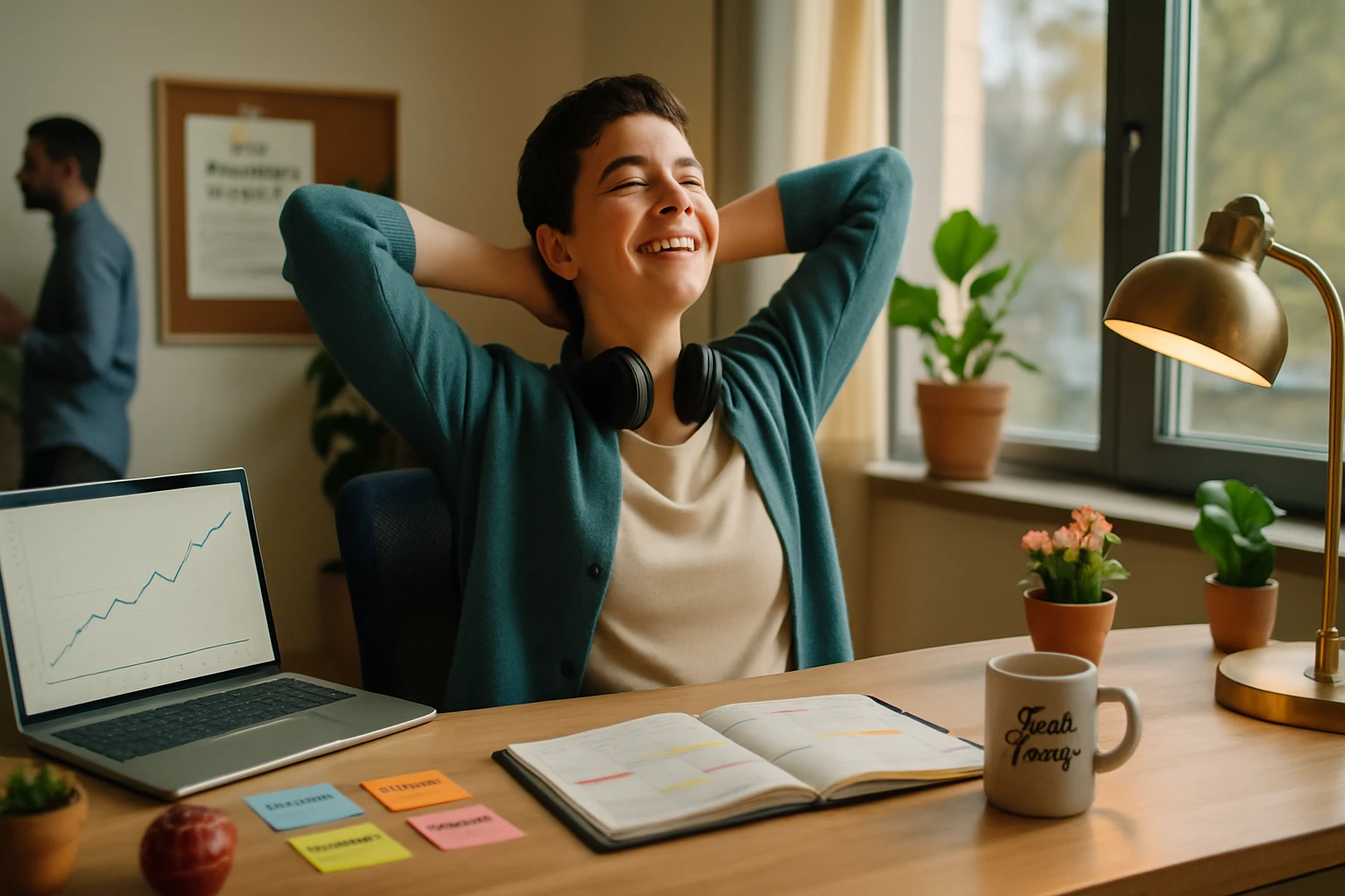 Mladá žena relaxuje pri stole s laptopom a plánovačom, usmievajúc sa.