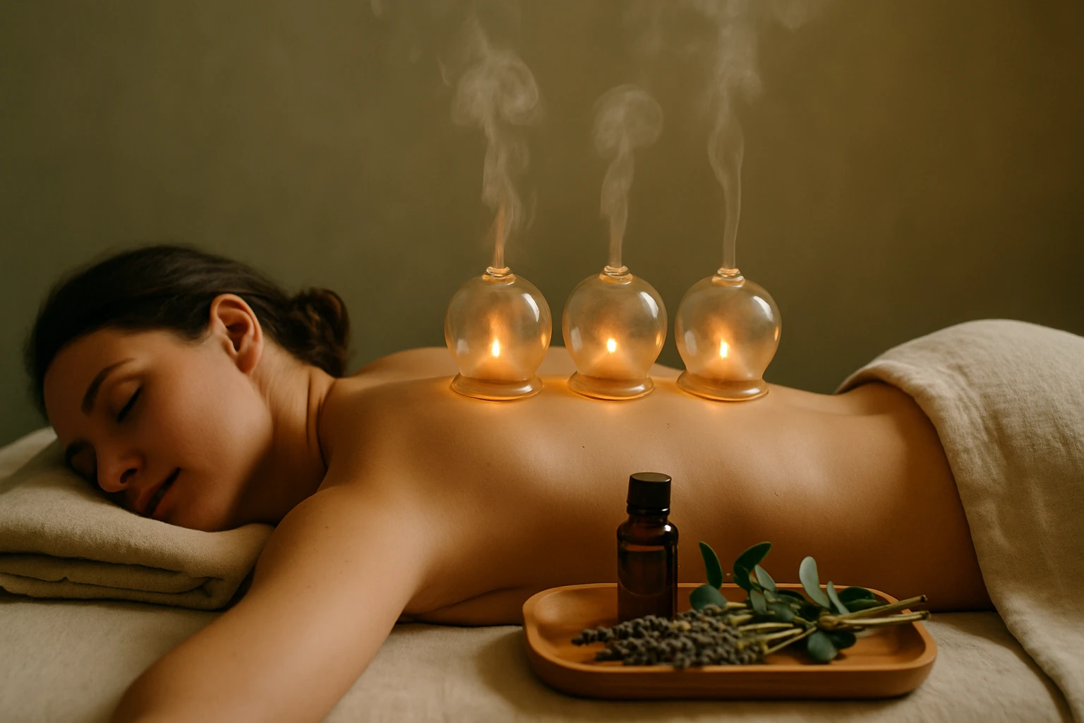 Žena leží na masážnom stole s pohármi na chrbte, z ktorých vychádza para.
