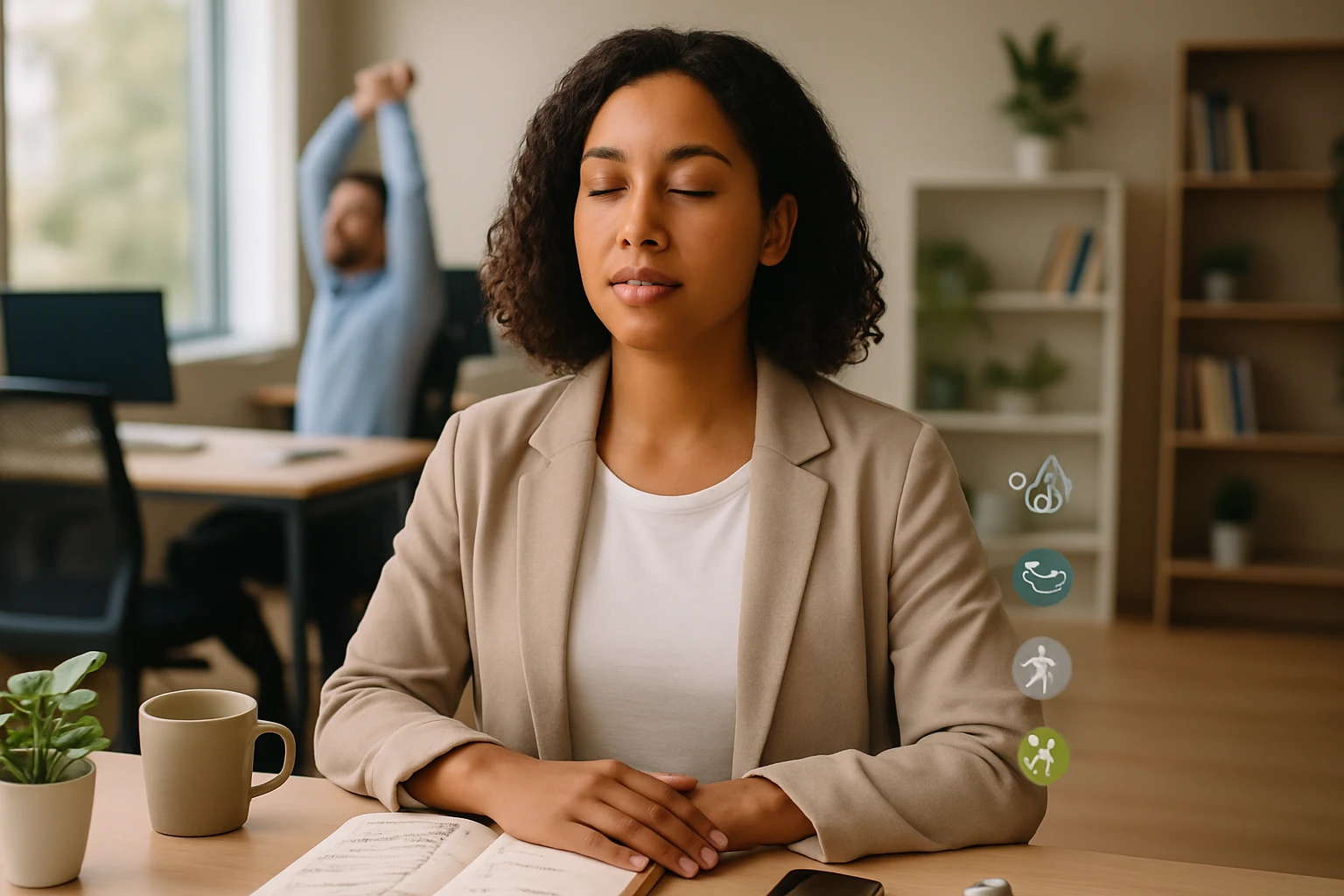 Žena v kancelárii s uzavretými očami, relaxuje a sústredí sa na dýchanie.