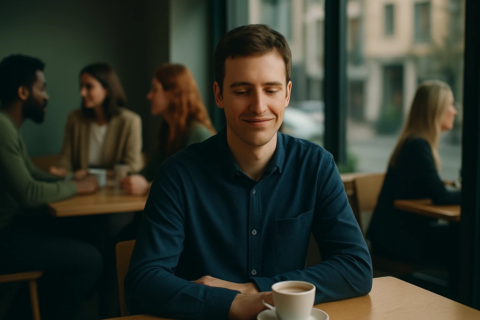 Mladý muž s úsmevom sedí kávu v kaviarni, v pozadí skupina priateľov.